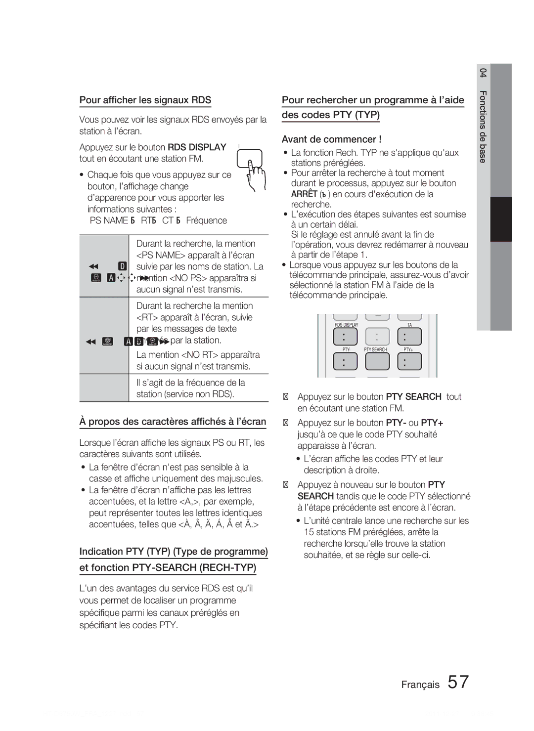 Samsung HT-D6750W/TK, HT-D6750W/XN, HT-D6750W/ZF manual Pour afﬁcher les signaux RDS, Propos des caractères afﬁchés à l’écran 