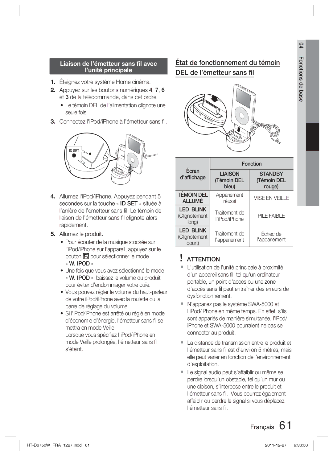 Samsung HT-D6750W/XN manual État de fonctionnement du témoin DEL de l’émetteur sans ﬁl, Éteignez votre système Home cinéma 