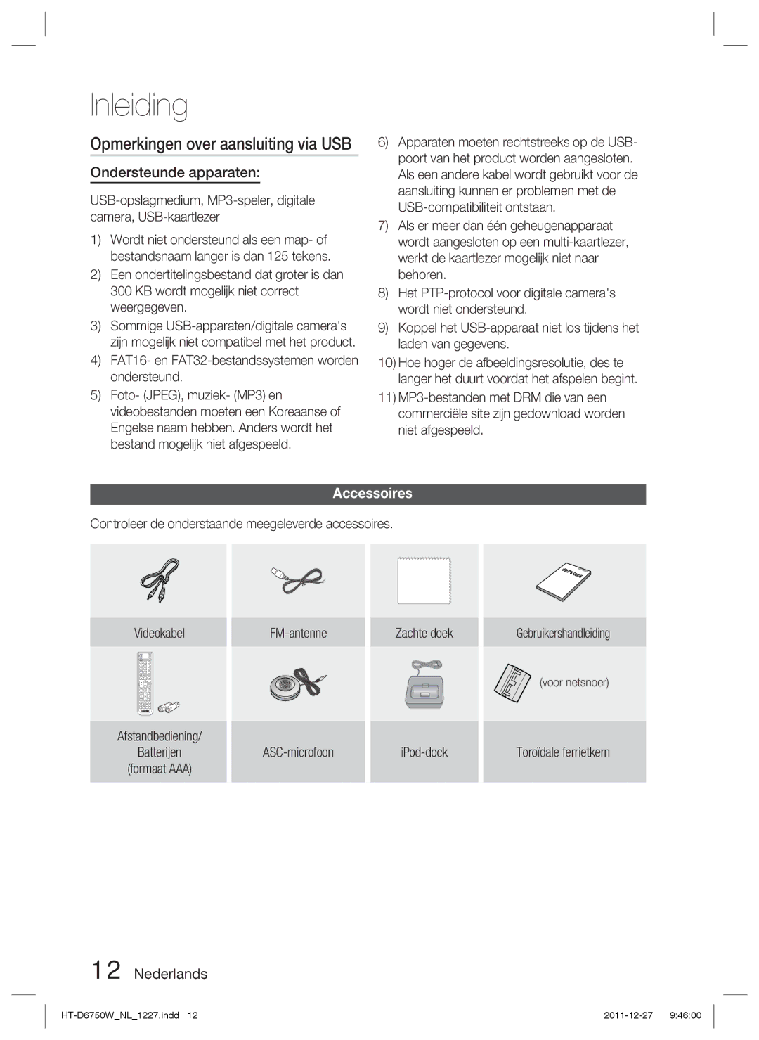 Samsung HT-D6750W/TK Opmerkingen over aansluiting via USB, Ondersteunde apparaten, ASC-microfoon, Toroïdale ferrietkern 