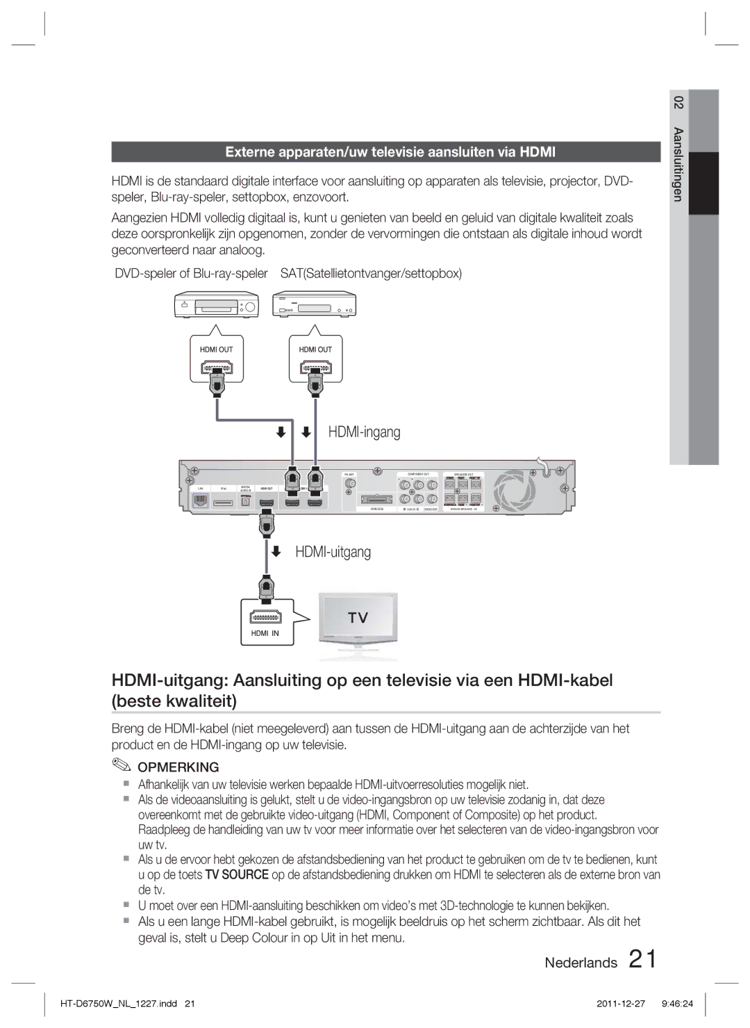 Samsung HT-D6750W/TK, HT-D6750W/XN, HT-D6750W/ZF manual HDMI-uitgang, Externe apparaten/uw televisie aansluiten via Hdmi 