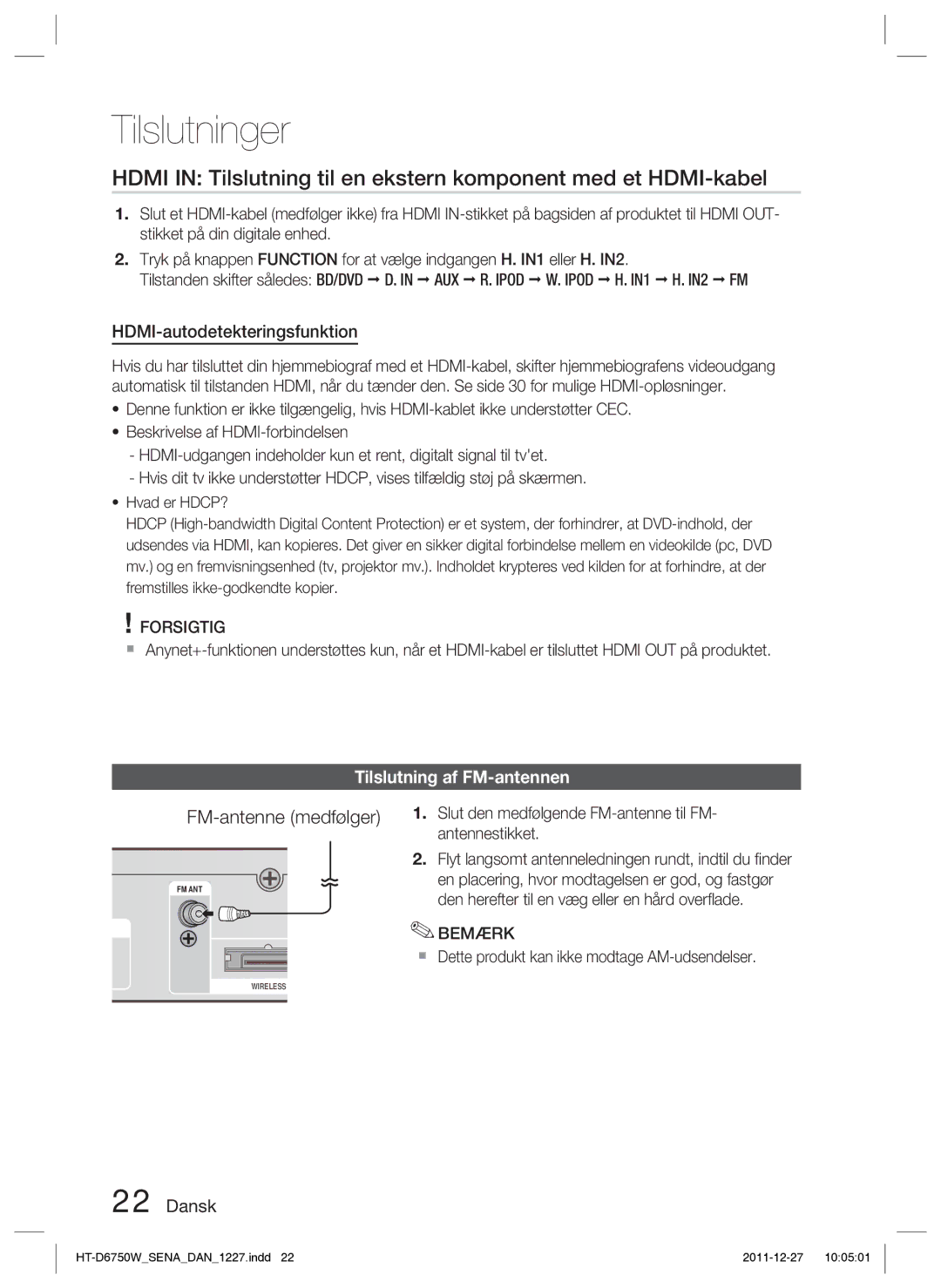 Samsung HT-D6750W/XE manual FM-antenne medfølger, HDMI-autodetekteringsfunktion, Tilslutning af FM-antennen 