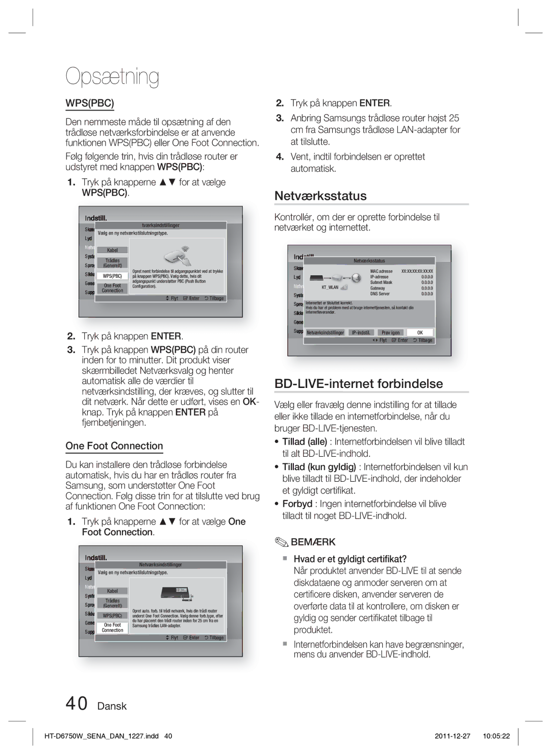 Samsung HT-D6750W/XE manual Netværksstatus, BD-LIVE-internet forbindelse 