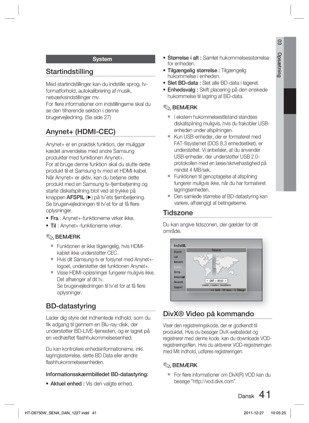 Samsung HT-D6750W/XE manual Startindstilling, BD-datastyring, Tidszone, DivX Video på kommando 