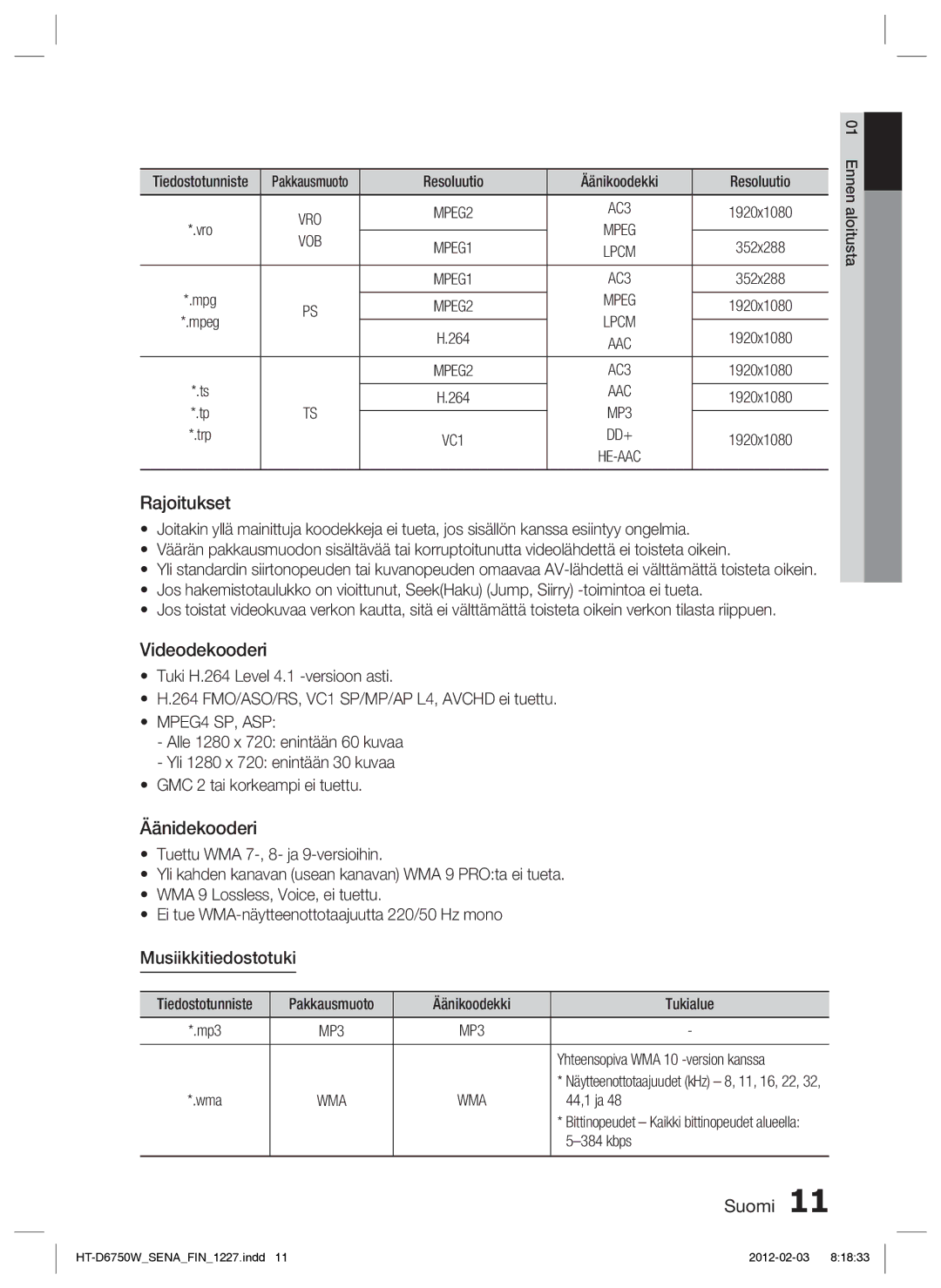 Samsung HT-D6750W/XE manual Musiikkitiedostotuki, Pakkausmuoto Äänikoodekki Tukialue, 44,1 ja, Kbps 