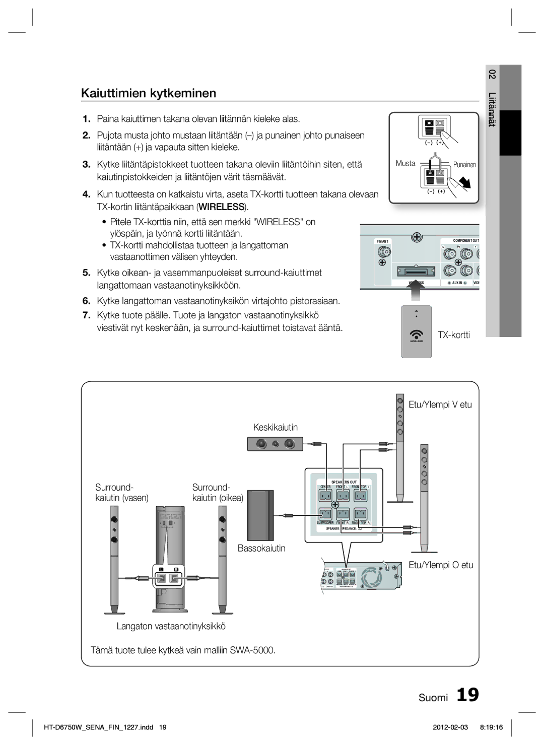 Samsung HT-D6750W/XE manual Kaiuttimien kytkeminen, Etu/Ylempi O etu 