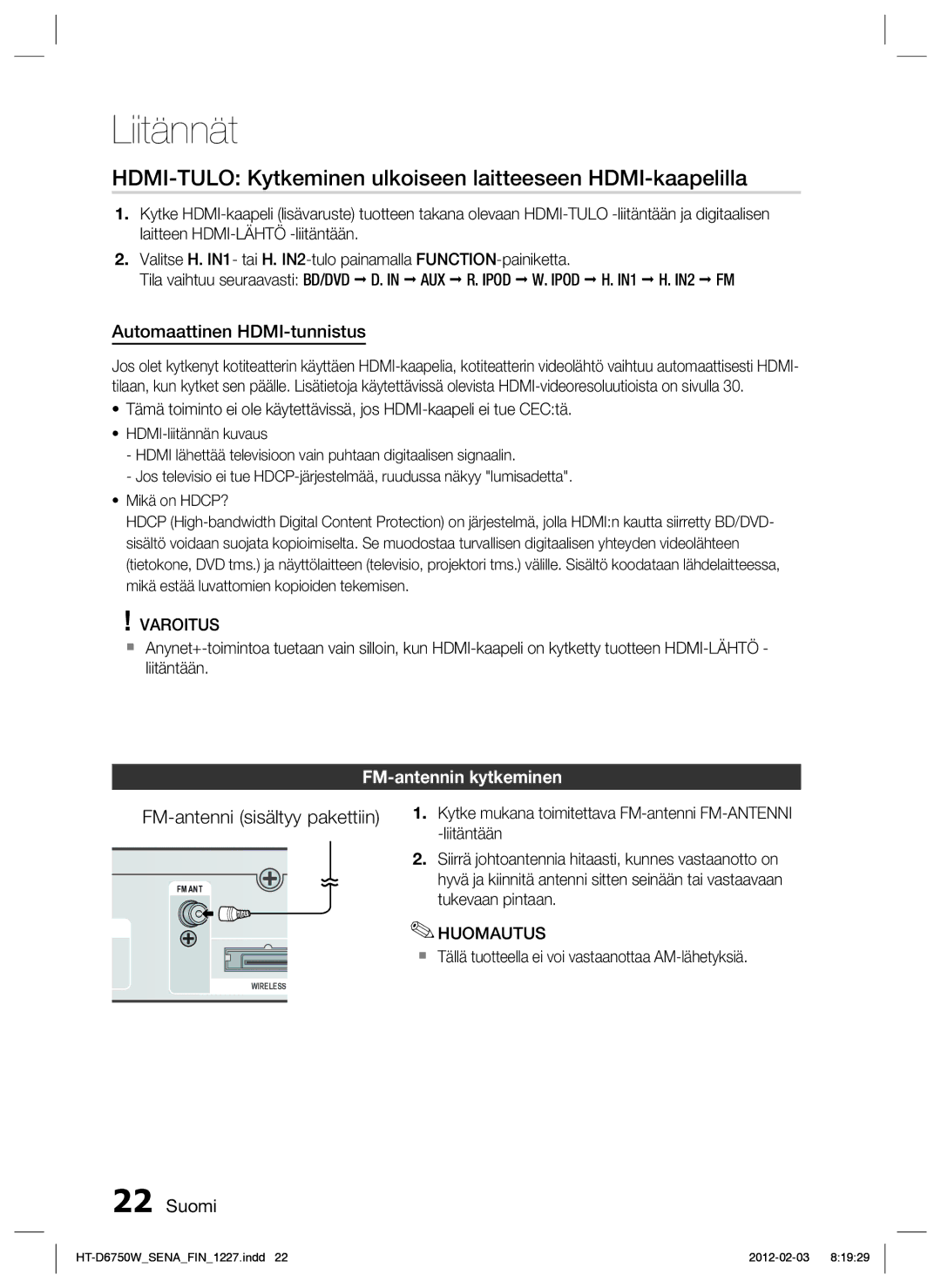 Samsung HT-D6750W/XE manual HDMI-TULO Kytkeminen ulkoiseen laitteeseen HDMI-kaapelilla, Automaattinen HDMI-tunnistus 