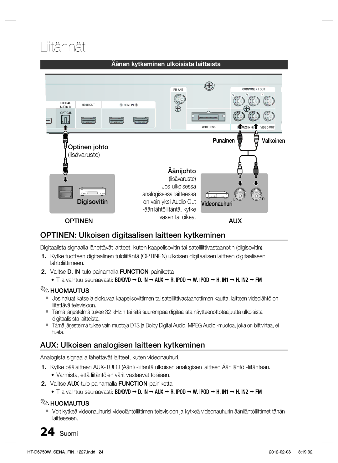 Samsung HT-D6750W/XE manual Optinen Ulkoisen digitaalisen laitteen kytkeminen, AUX Ulkoisen analogisen laitteen kytkeminen 