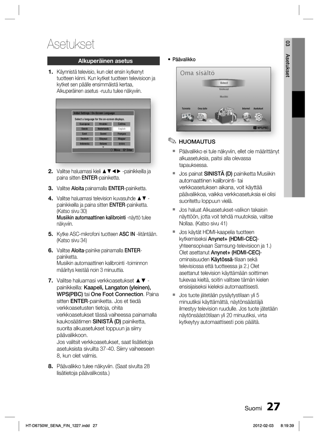 Samsung HT-D6750W/XE manual Alkuperäinen asetus, Päävalikko 