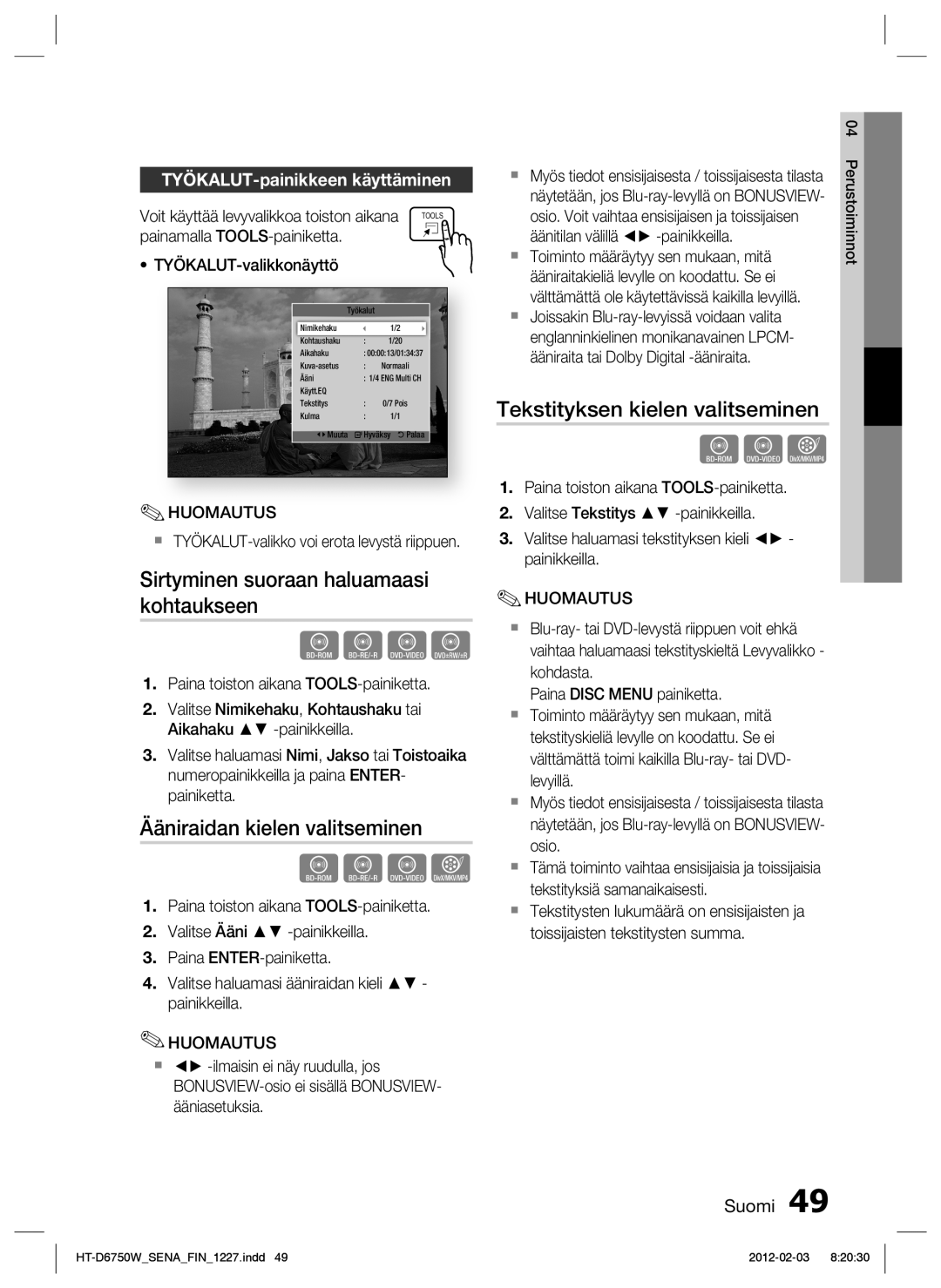 Samsung HT-D6750W/XE manual Sirtyminen suoraan haluamaasi kohtaukseen, Ääniraidan kielen valitseminen 