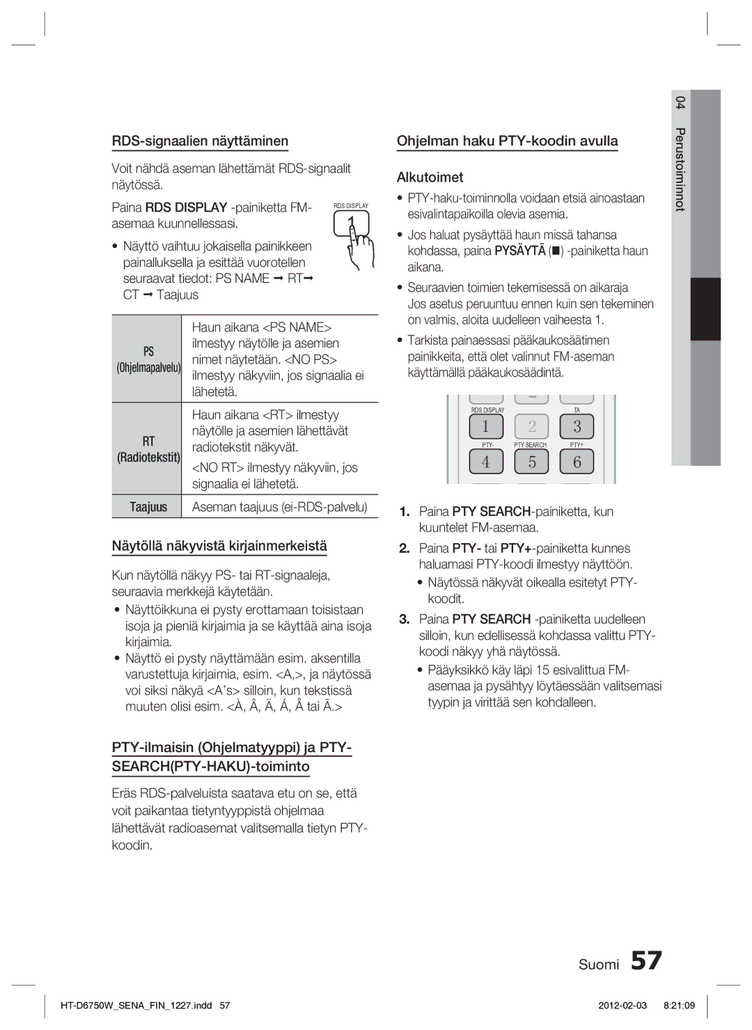 Samsung HT-D6750W/XE RDS-signaalien näyttäminen, Näytöllä näkyvistä kirjainmerkeistä, Ohjelman haku PTY-koodin avulla 