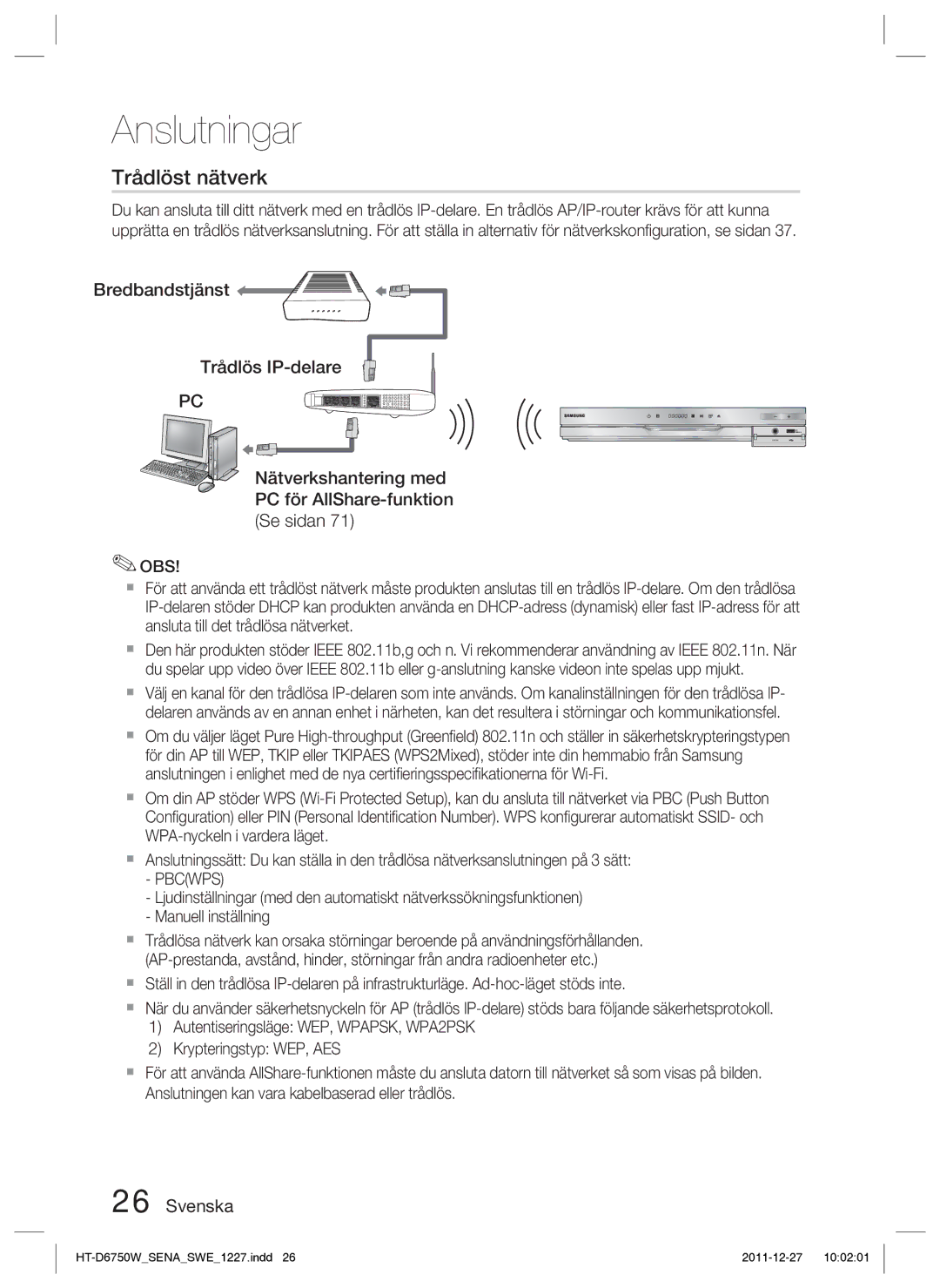 Samsung HT-D6750W/XE manual Trådlöst nätverk, Pbcwps 