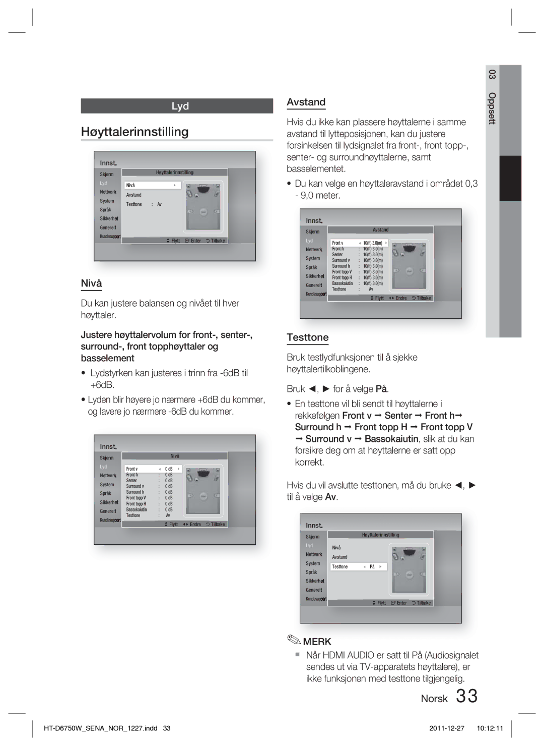 Samsung HT-D6750W/XE manual Høyttalerinnstilling, Avstand, Testtone 