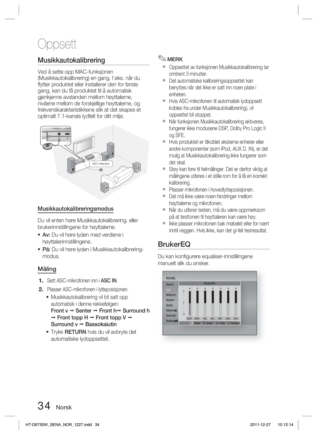 Samsung HT-D6750W/XE manual BrukerEQ, Musikkautokalibreringsmodus, Måling 