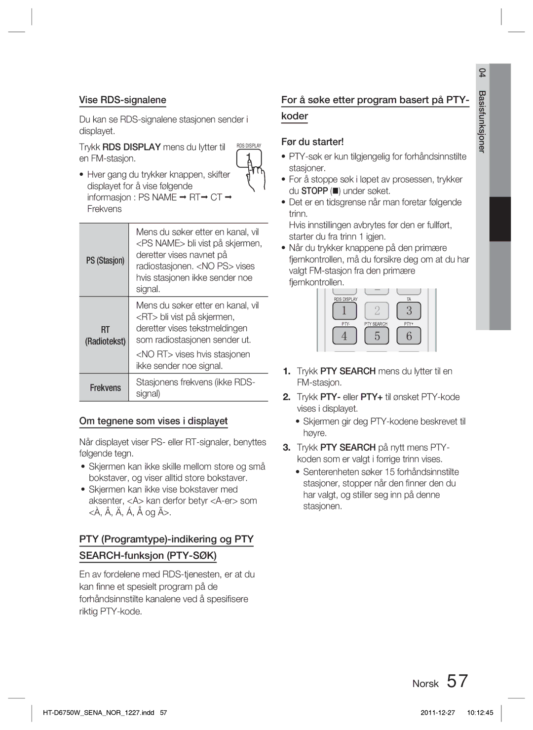 Samsung HT-D6750W/XE manual Vise RDS-signalene, Om tegnene som vises i displayet, For å søke etter program basert på PTY 