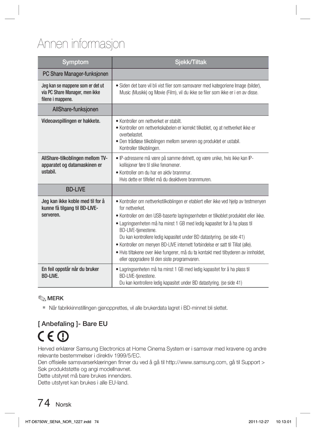 Samsung HT-D6750W/XE manual Anbefaling Bare EU 