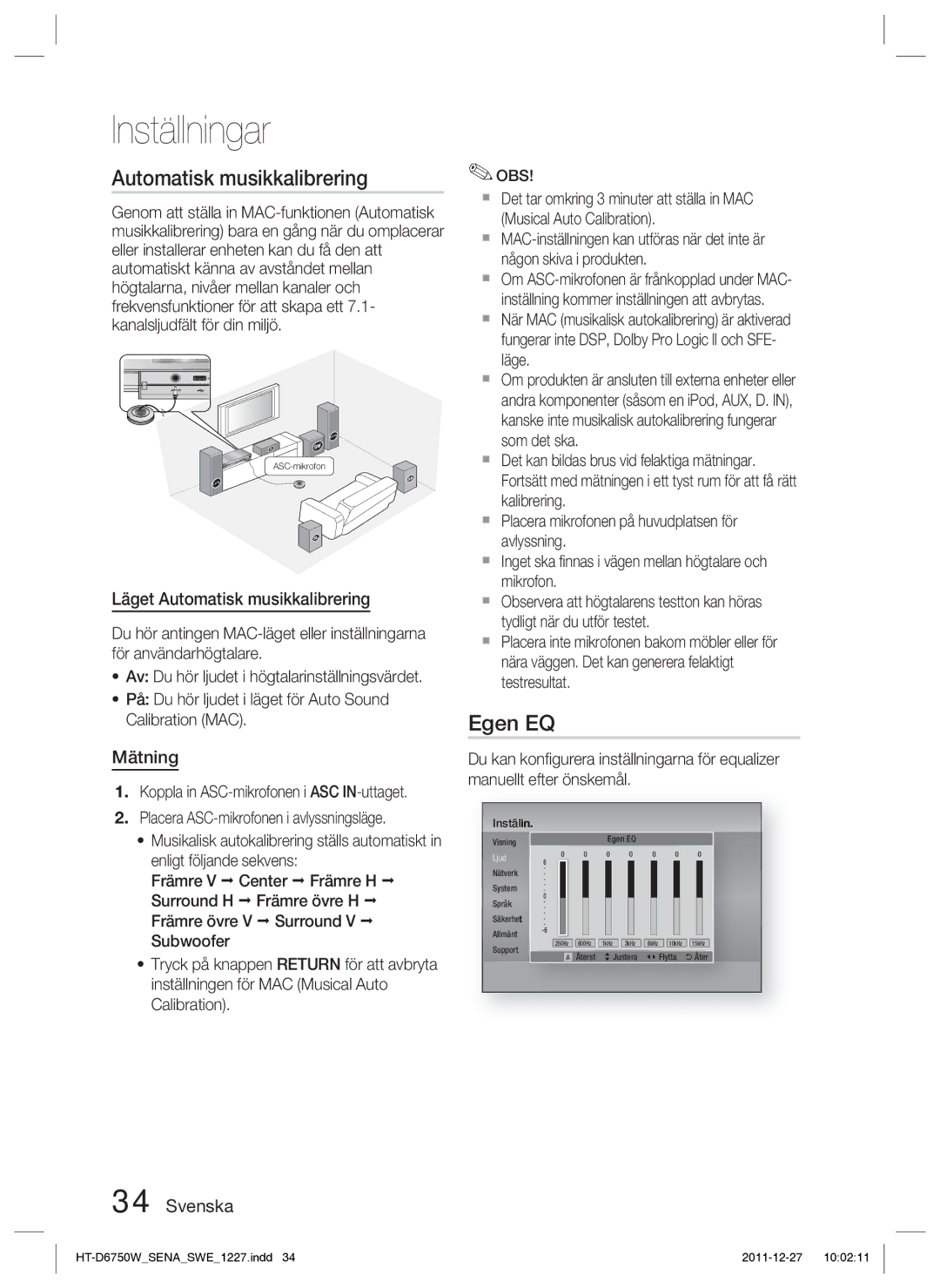 Samsung HT-D6750W/XE manual Egen EQ, Läget Automatisk musikkalibrering, Mätning 