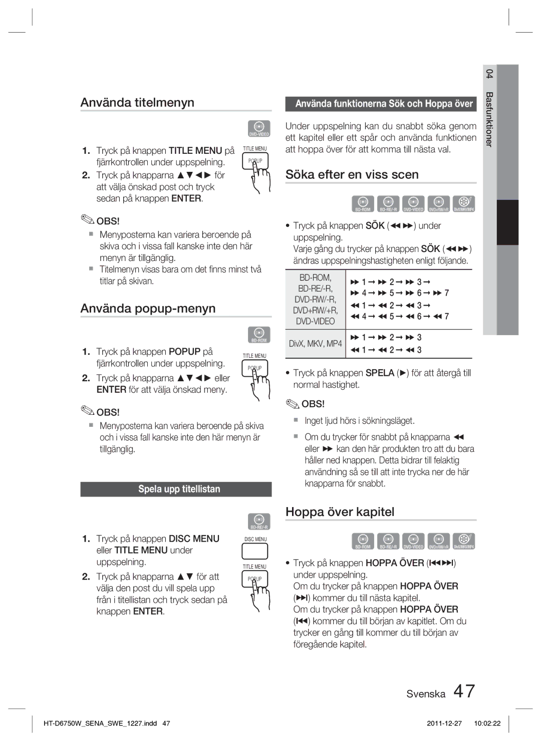 Samsung HT-D6750W/XE manual Använda titelmenyn, Söka efter en viss scen, Använda popup-menyn, Hoppa över kapitel 