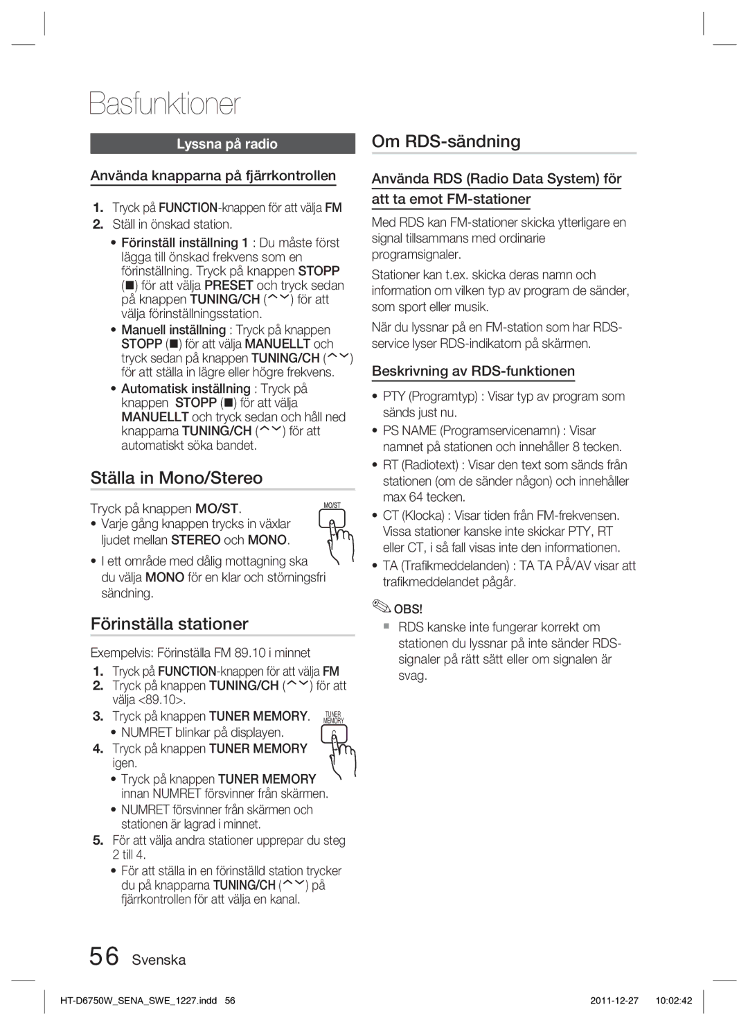 Samsung HT-D6750W/XE manual Ställa in Mono/Stereo, Förinställa stationer, Om RDS-sändning, Lyssna på radio 