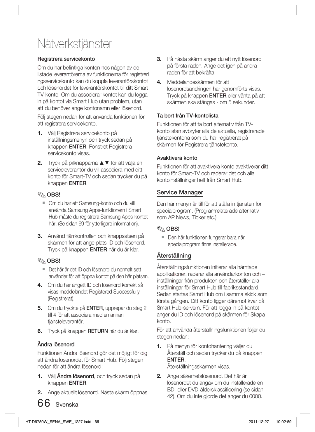 Samsung HT-D6750W/XE manual Service Manager, Återställning, Registrera servicekonto, Ta bort från TV-kontolista 