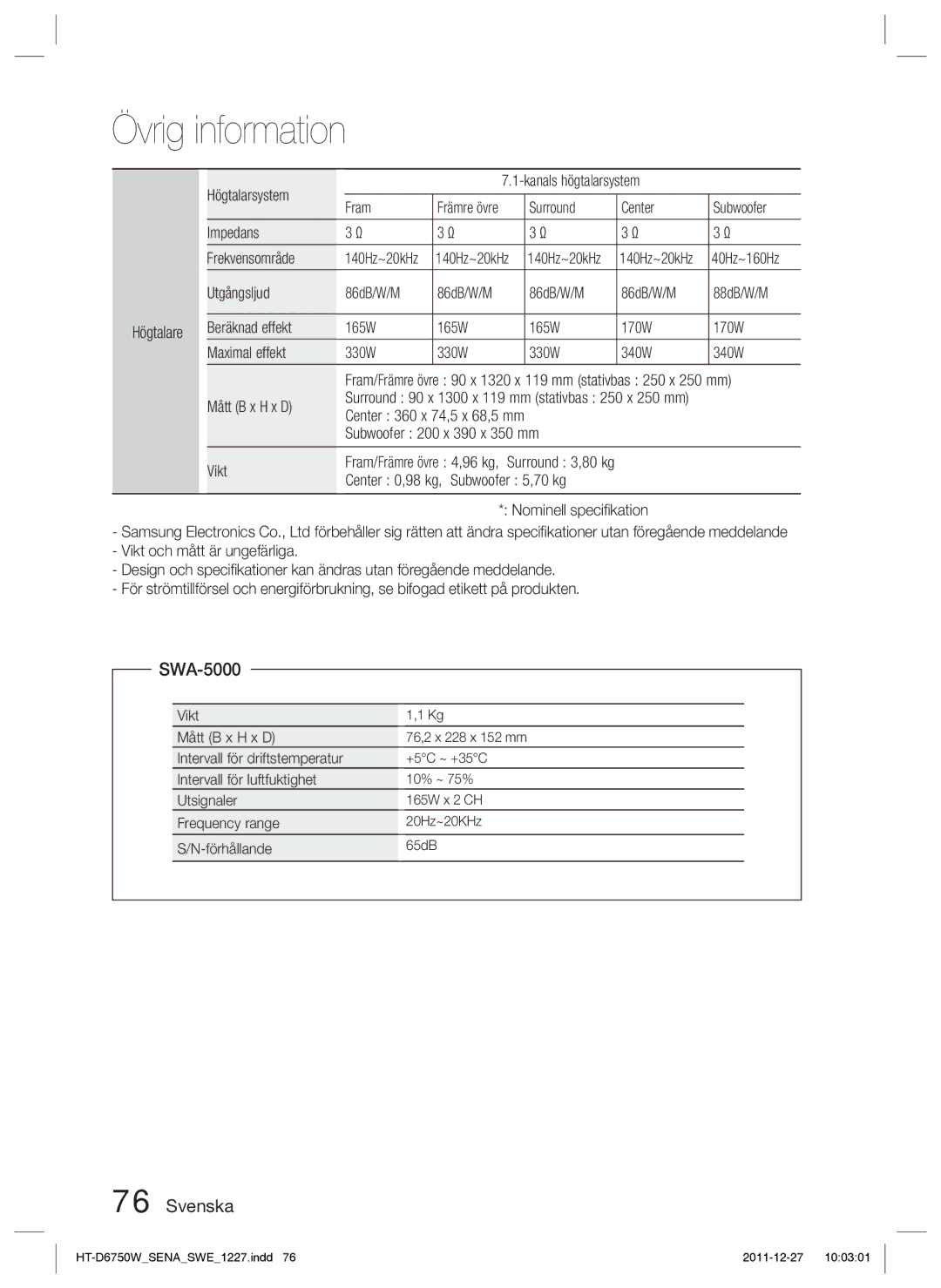 Samsung HT-D6750W/XE manual SWA-5000, Mått B x H x D, Subwoofer 200 x 390 x 350 mm Vikt 