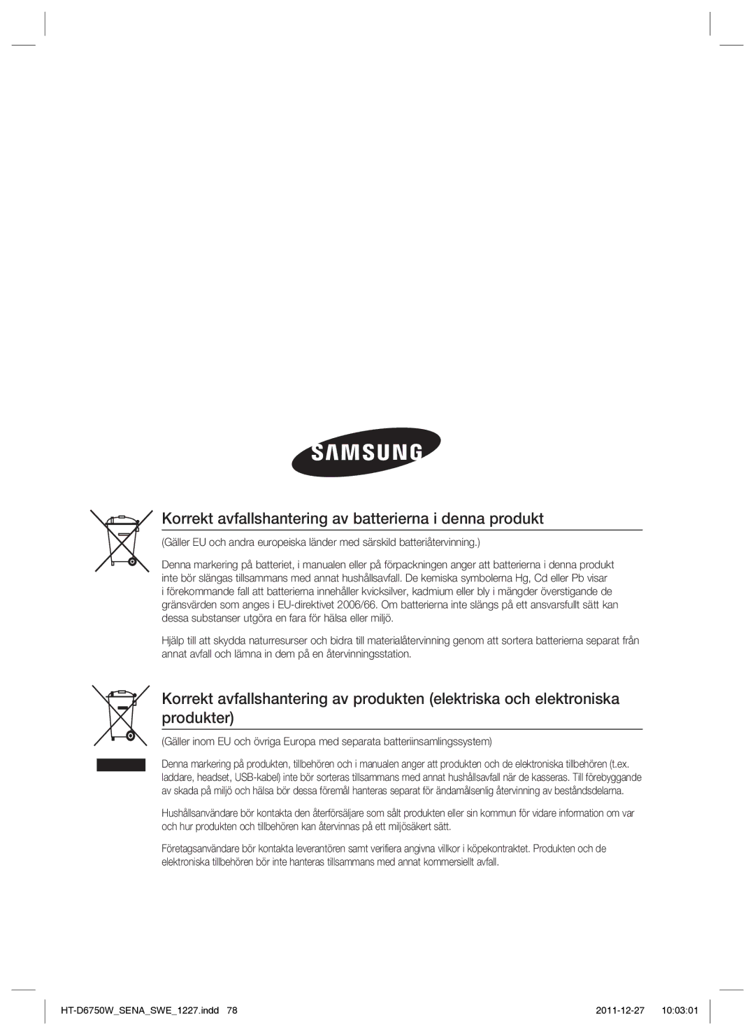 Samsung HT-D6750W/XE manual Korrekt avfallshantering av batterierna i denna produkt 