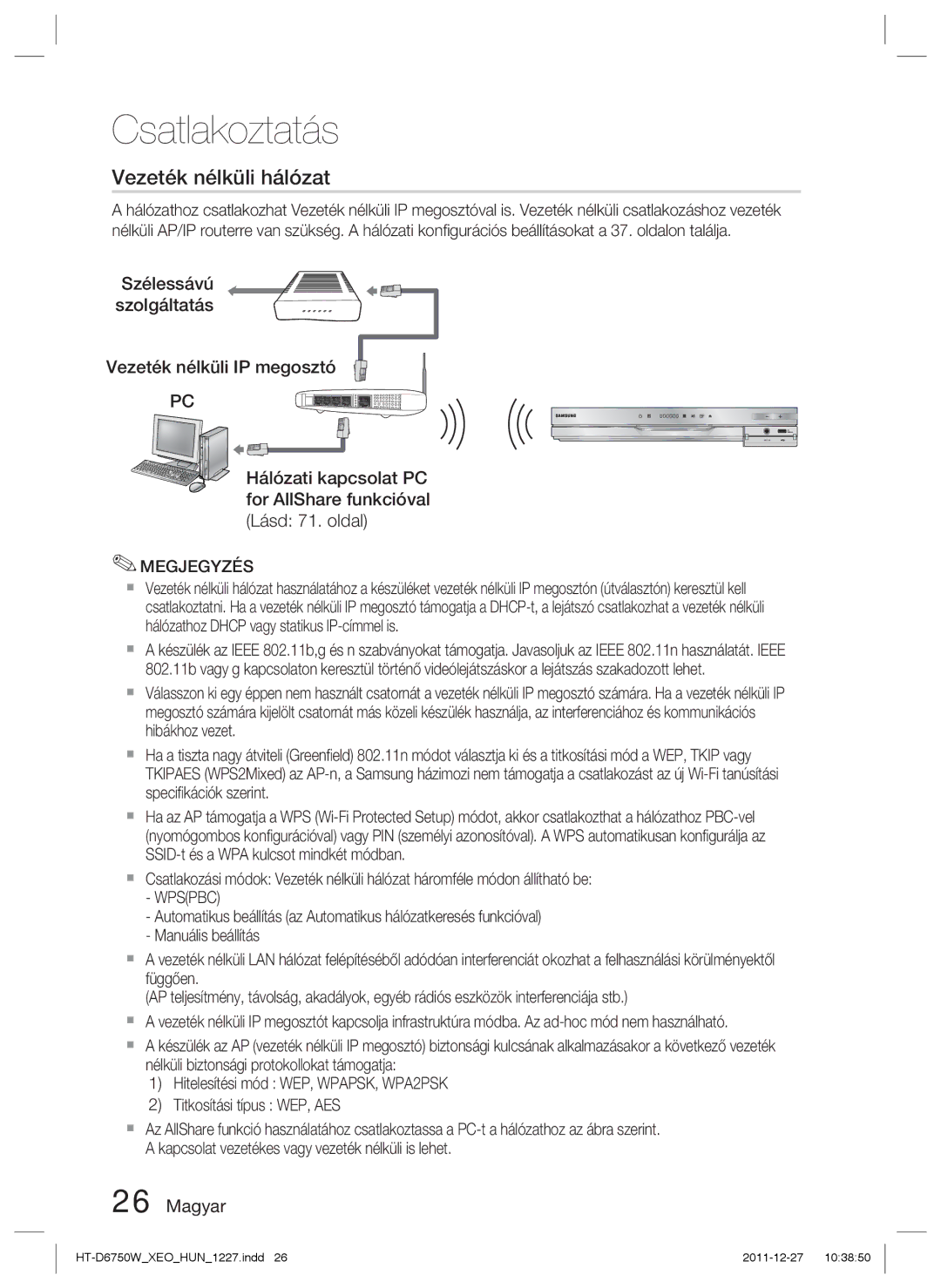 Samsung HT-D6750W/ZF, HT-D6750W/EN manual Vezeték nélküli hálózat 