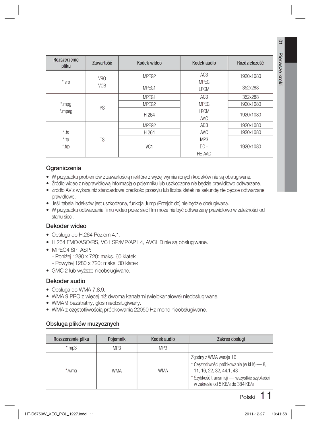 Samsung HT-D6750W/EN, HT-D6750W/ZF manual Ograniczenia, Dekoder wideo, Dekoder audio, Obsługa plików muzycznych 