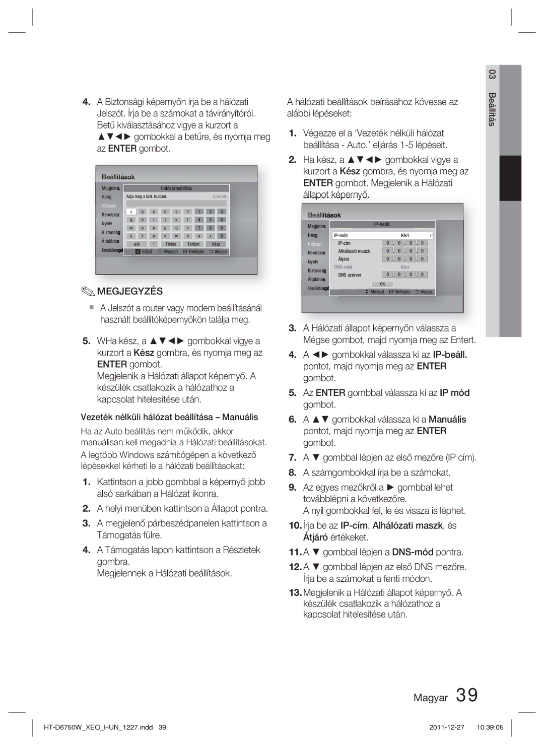 Samsung HT-D6750W/EN, HT-D6750W/ZF manual Megjelen.IP-beáll Hang IP-mód 