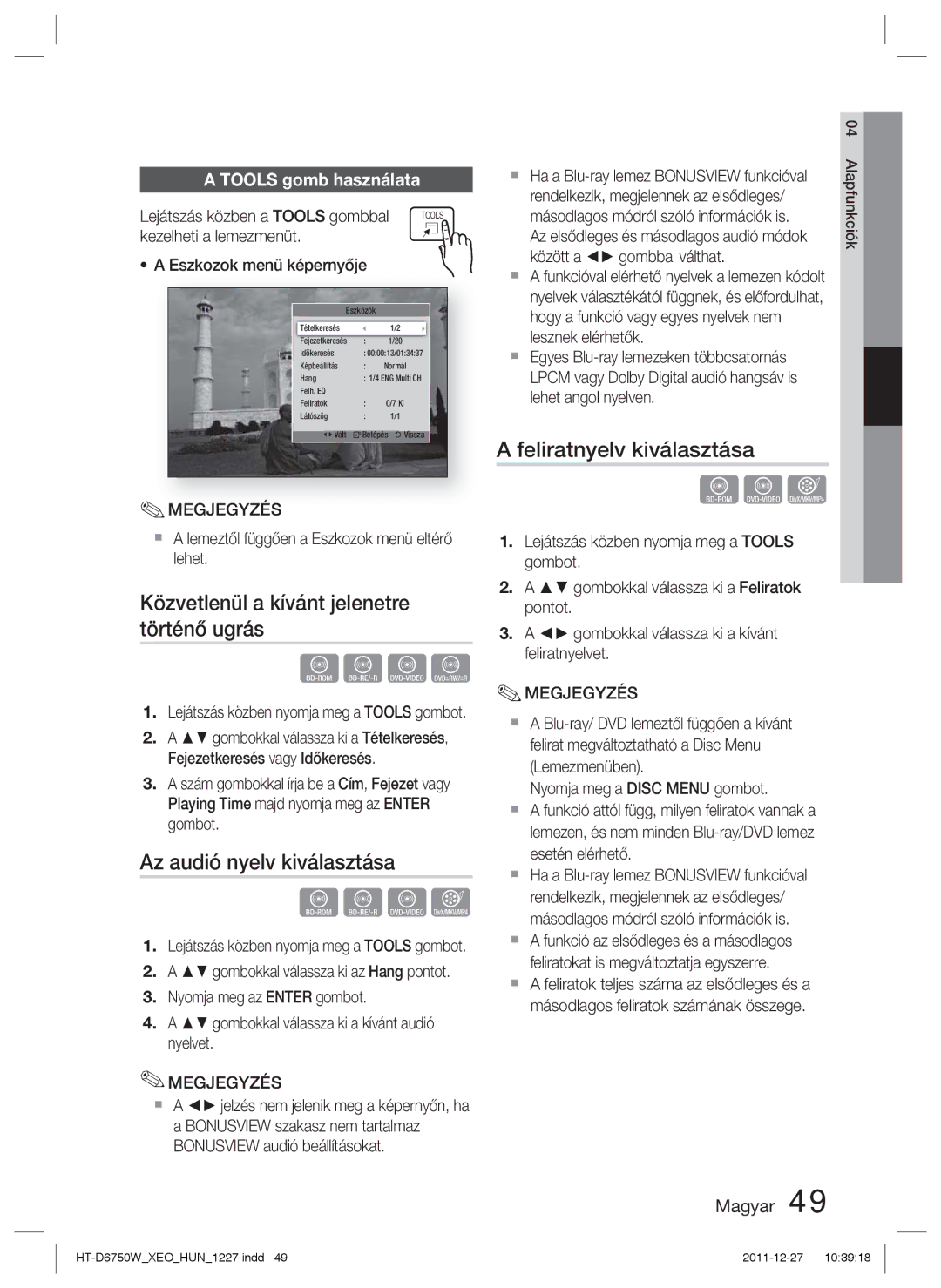 Samsung HT-D6750W/EN Közvetlenül a kívánt jelenetre történő ugrás, Az audió nyelv kiválasztása, Feliratnyelv kiválasztása 