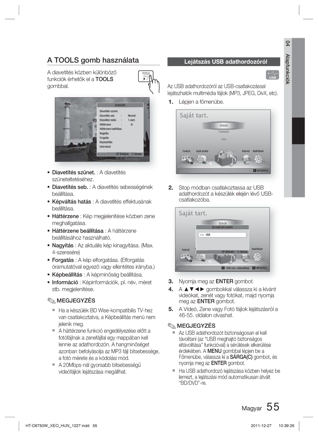 Samsung HT-D6750W/EN manual Tools gomb használata, Lejátszás USB adathordozóról, Funkciók érhetők el a Tools Gombbal 