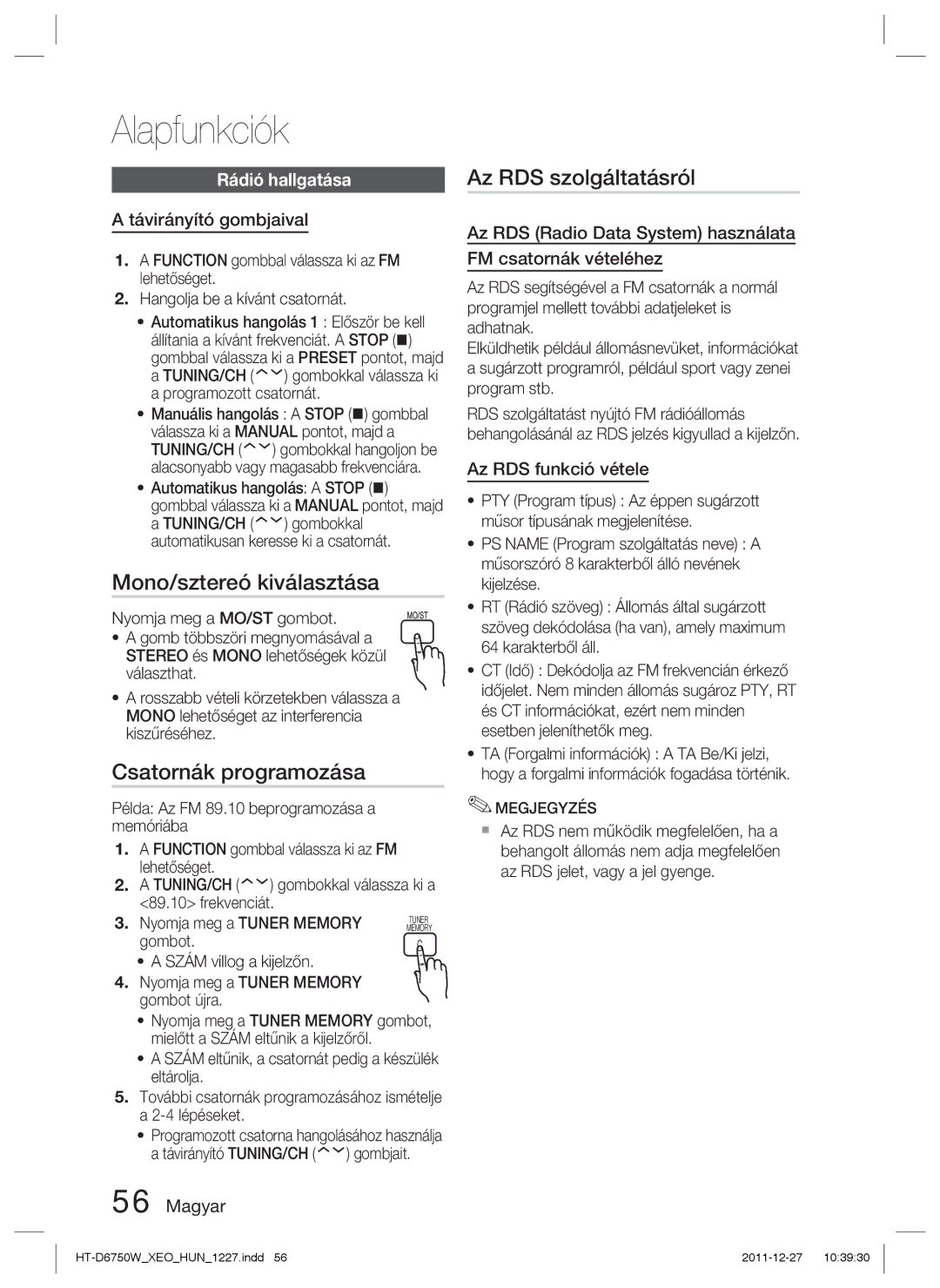 Samsung HT-D6750W/ZF manual Mono/sztereó kiválasztása, Csatornák programozása, Az RDS szolgáltatásról, Rádió hallgatása 