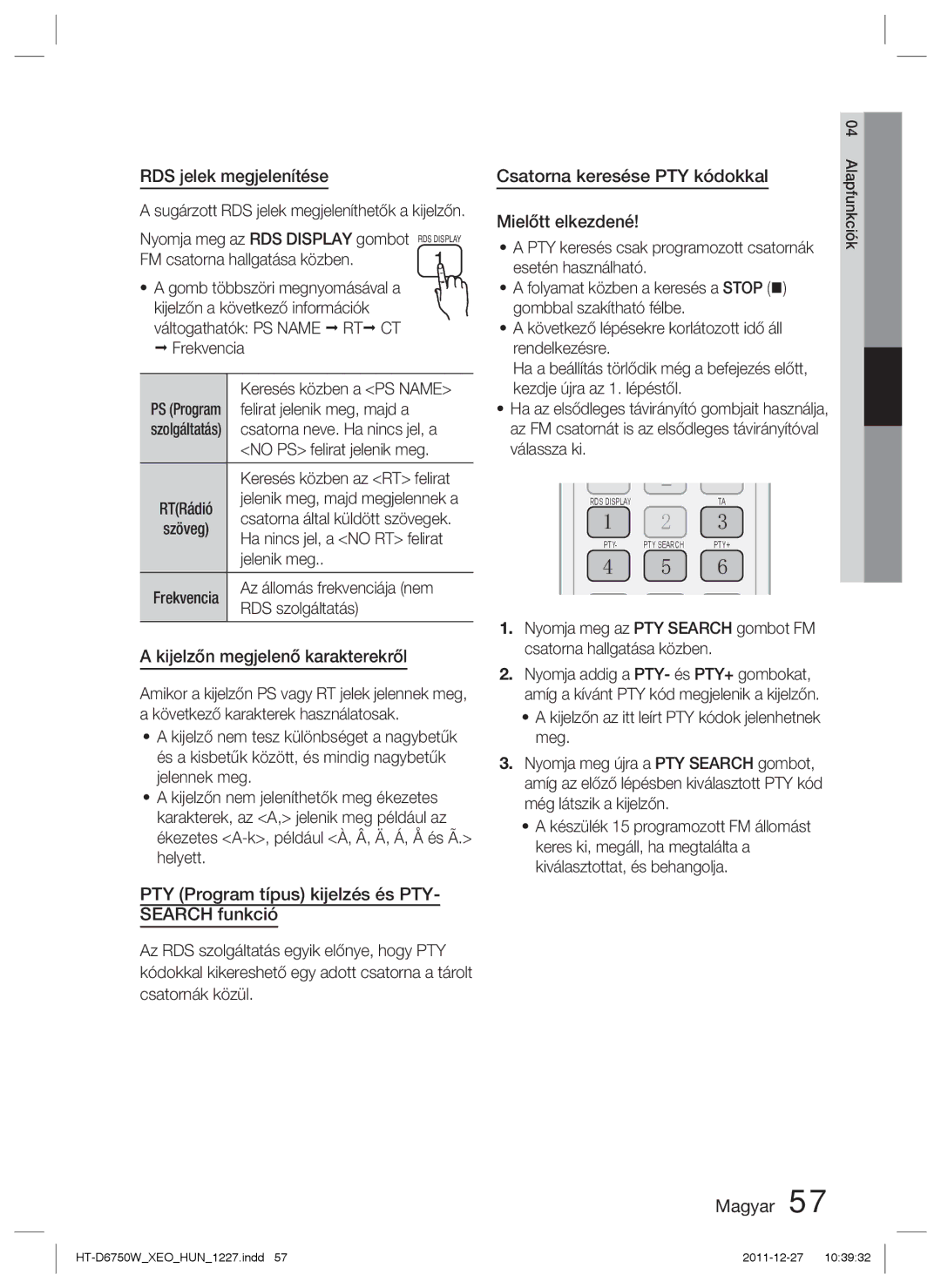 Samsung HT-D6750W/EN manual RDS jelek megjelenítése, Kijelzőn megjelenő karakterekről, Csatorna keresése PTY kódokkal 