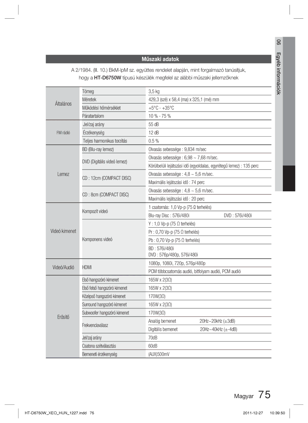 Samsung HT-D6750W/EN, HT-D6750W/ZF manual Műszaki adatok 