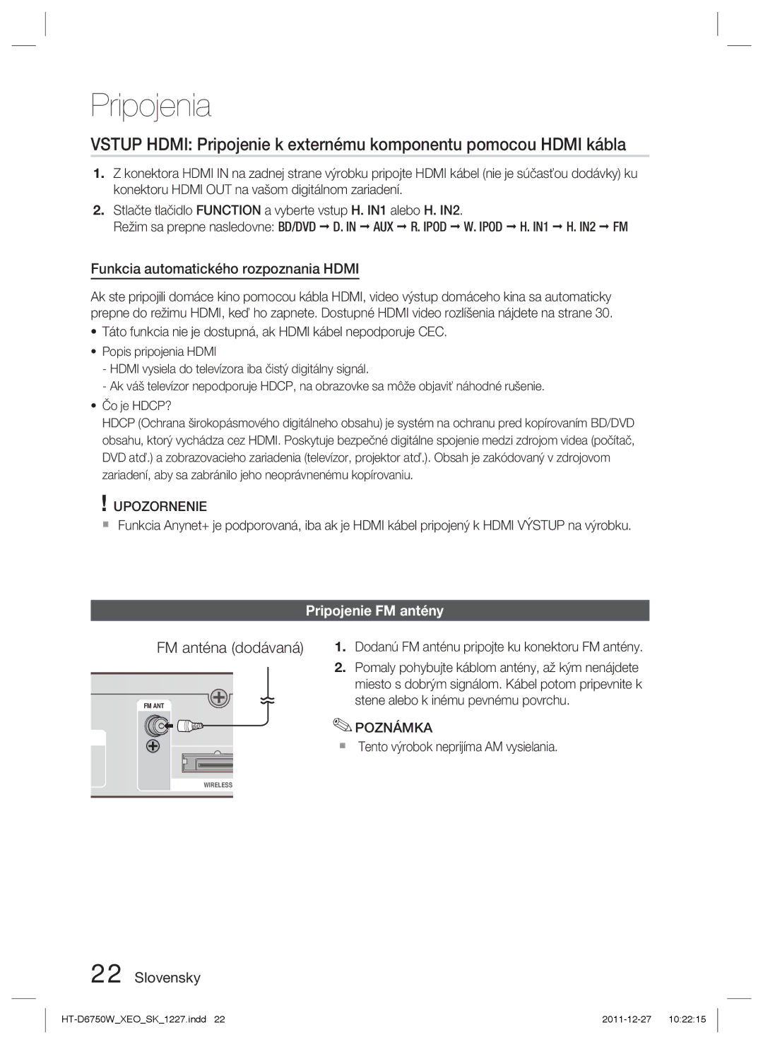 Samsung HT-D6750W/ZF, HT-D6750W/EN manual FM anténa dodávaná, Funkcia automatického rozpoznania Hdmi, Pripojenie FM antény 