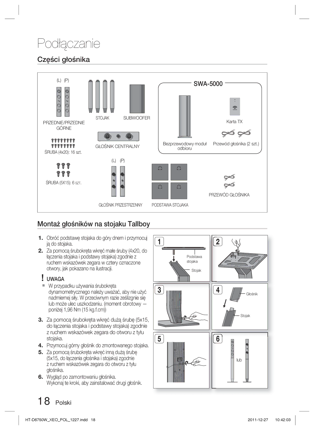 Samsung HT-D6750W/ZF manual Części głośnika, Montaż głośników na stojaku Tallboy, SWA-5000, Wygląd po zamontowaniu głośnika 