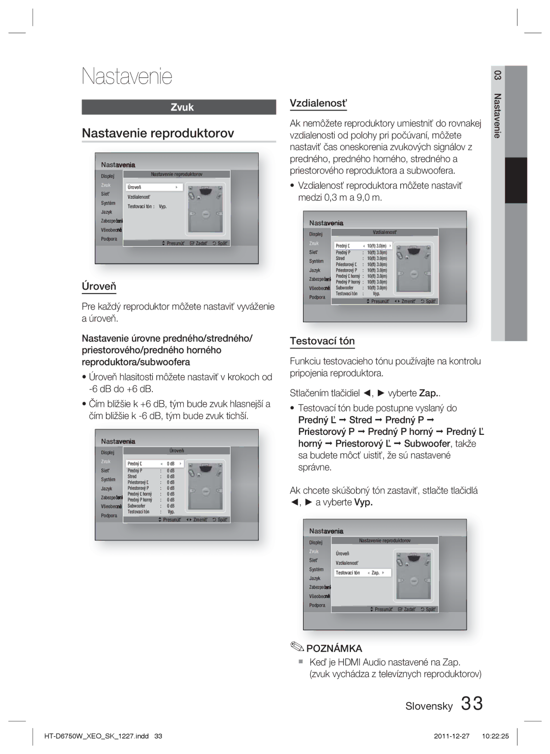 Samsung HT-D6750W/EN, HT-D6750W/ZF manual Nastavenie reproduktorov, Zvuk, Úroveň, Vzdialenosť, Testovací tón 