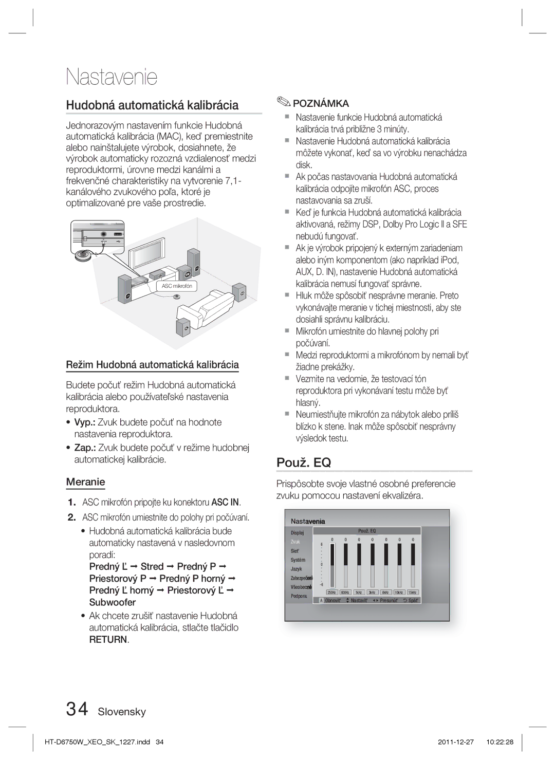 Samsung HT-D6750W/ZF, HT-D6750W/EN manual Použ. EQ, Režim Hudobná automatická kalibrácia, Meranie, Return Poznámka 