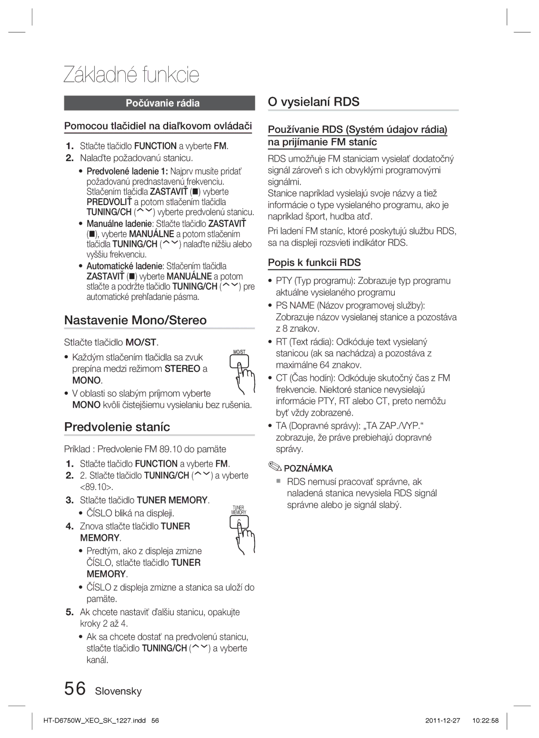 Samsung HT-D6750W/ZF, HT-D6750W/EN manual Nastavenie Mono/Stereo, Predvolenie staníc, Vysielaní RDS, Počúvanie rádia 