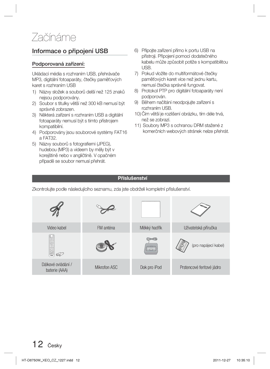 Samsung HT-D6750W/ZF Informace o připojení USB, Podporovaná zařízení, Příslušenství, 12 Česky, Prstencové feritové jádro 