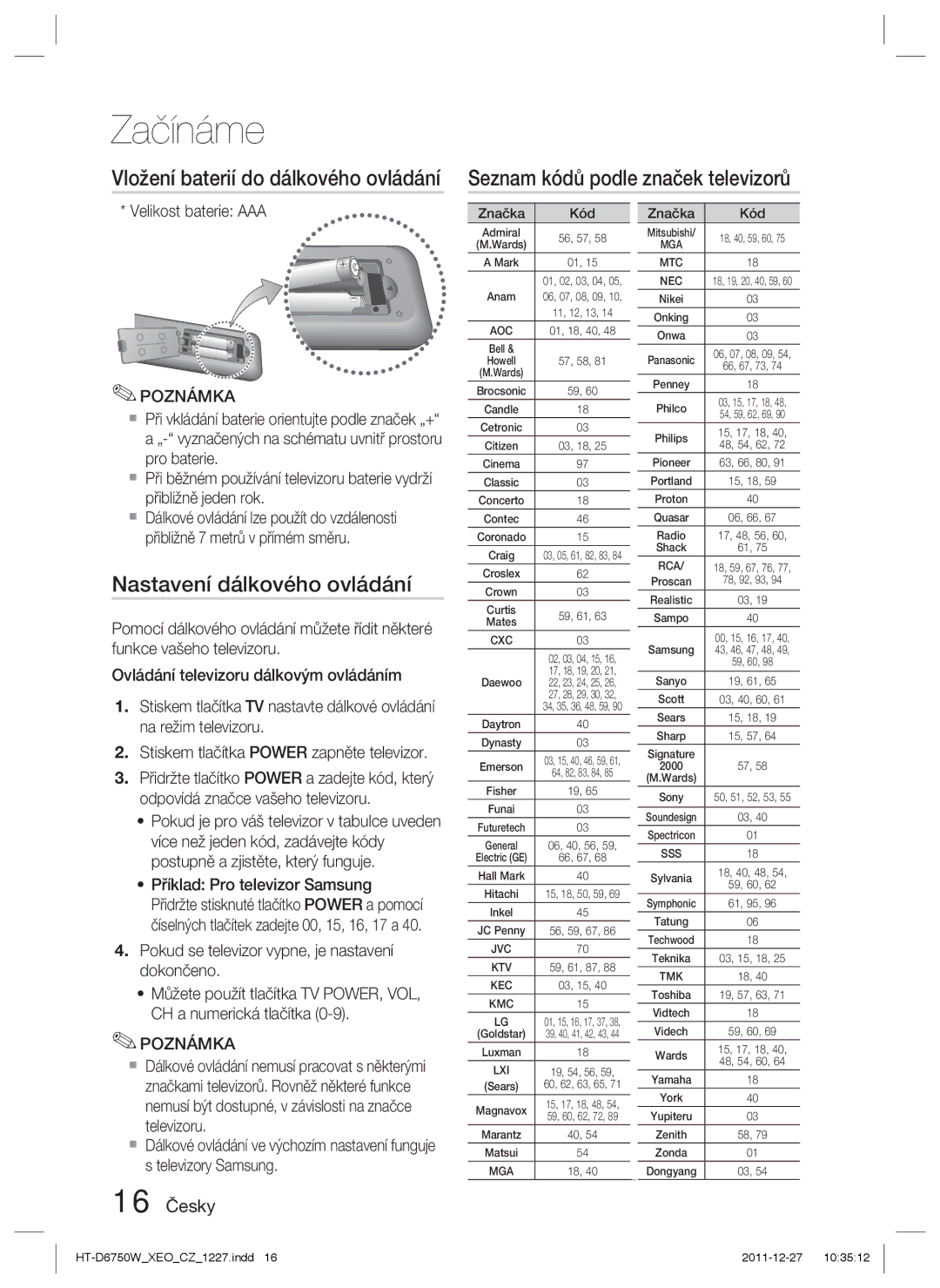 Samsung HT-D6750W/ZF, HT-D6750W/EN manual Nastavení dálkového ovládání, 16 Česky, Velikost baterie AAA, Značka Kód 