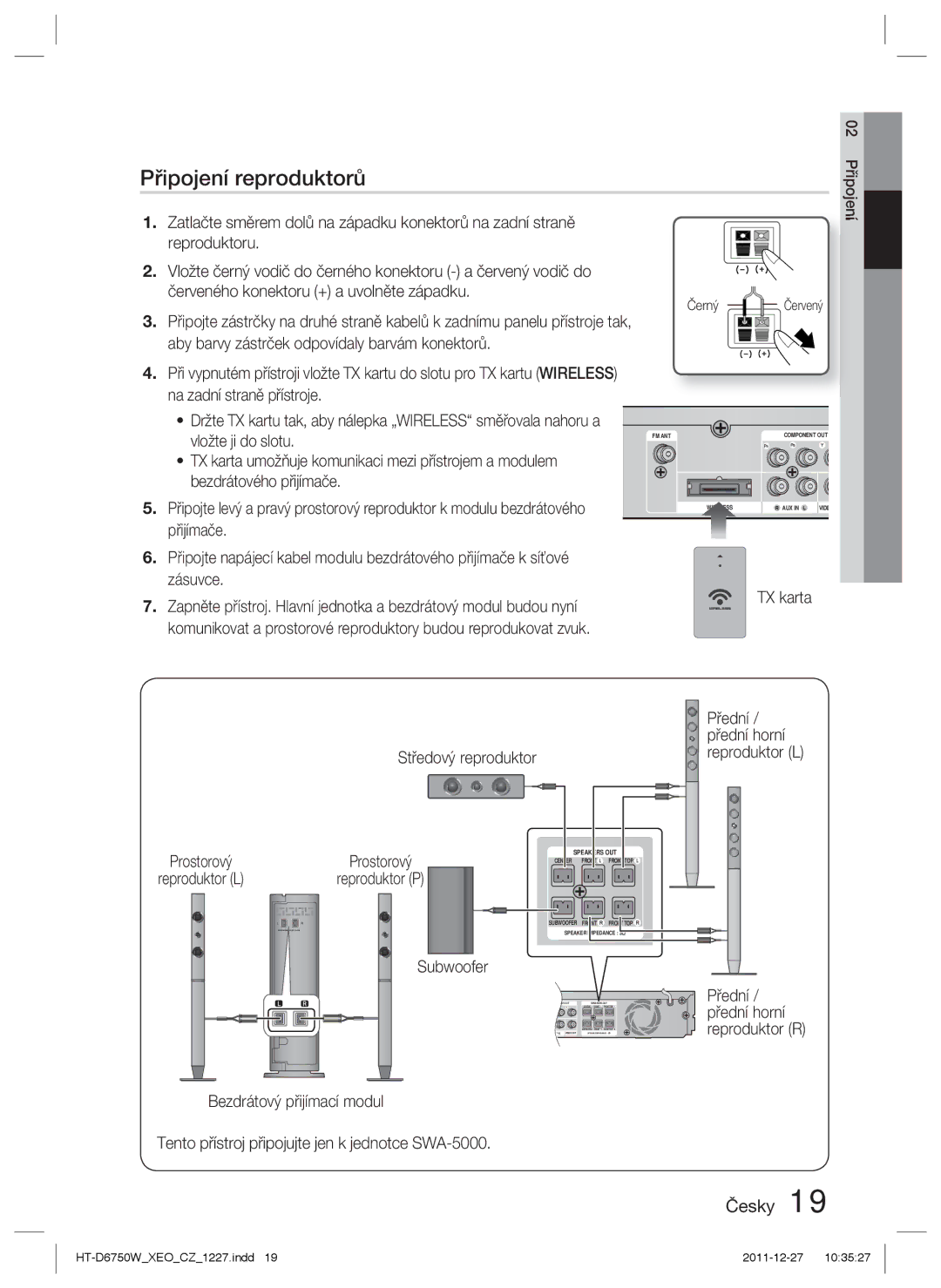 Samsung HT-D6750W/EN, HT-D6750W/ZF manual Připojení reproduktorů, Přední / přední horní reproduktor L, Černý Červený 