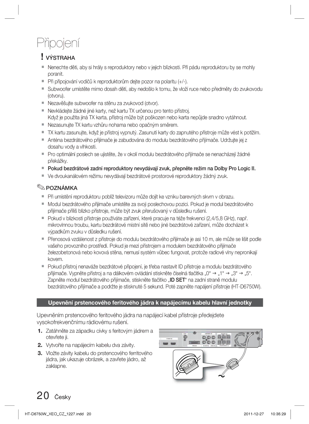 Samsung HT-D6750W/ZF, HT-D6750W/EN manual 20 Česky, Poznámka 