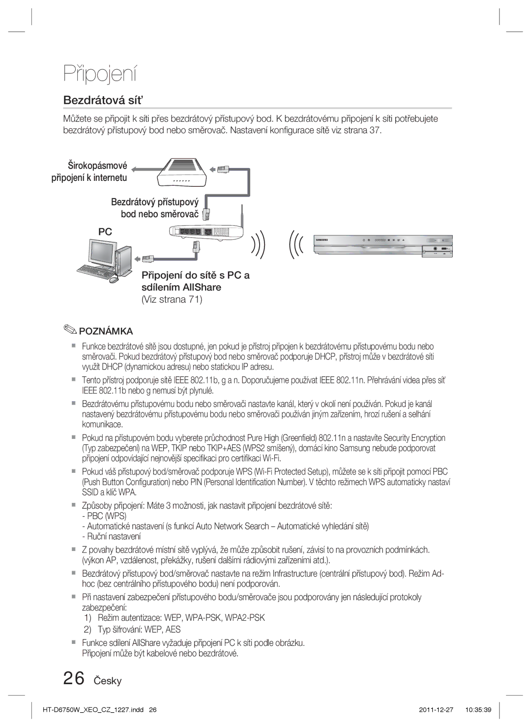 Samsung HT-D6750W/ZF, HT-D6750W/EN manual Připojení do sítě s PC a sdílením AllShare Viz strana, 26 Česky, Pbc Wps 
