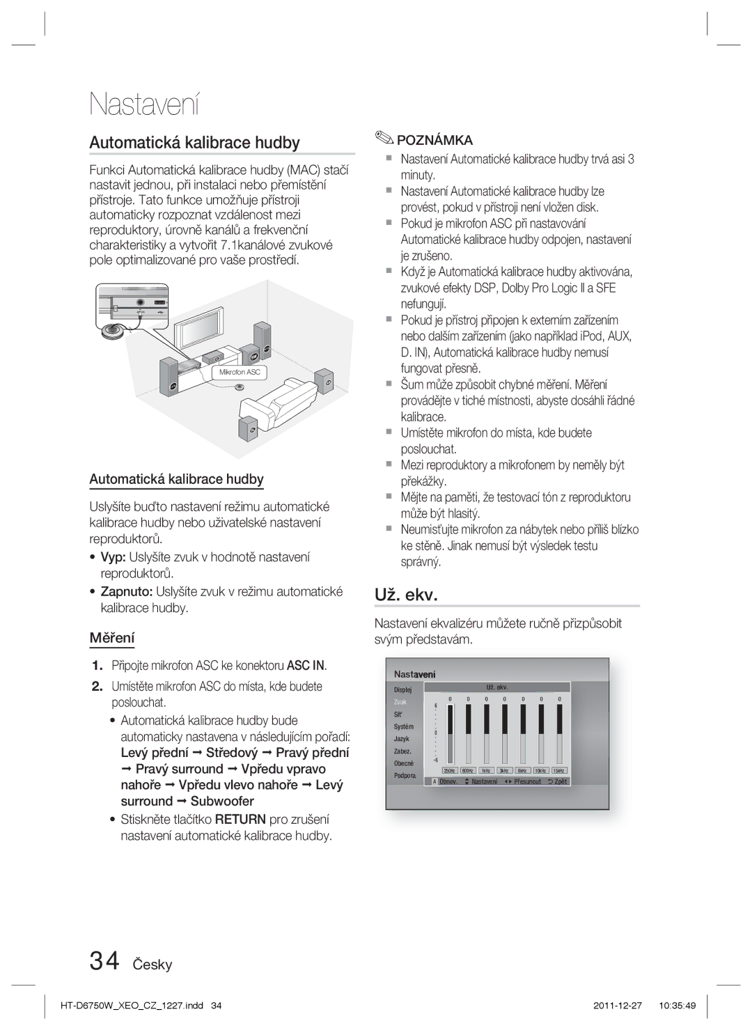 Samsung HT-D6750W/ZF, HT-D6750W/EN manual Automatická kalibrace hudby, Už. ekv, Měření, 34 Česky 