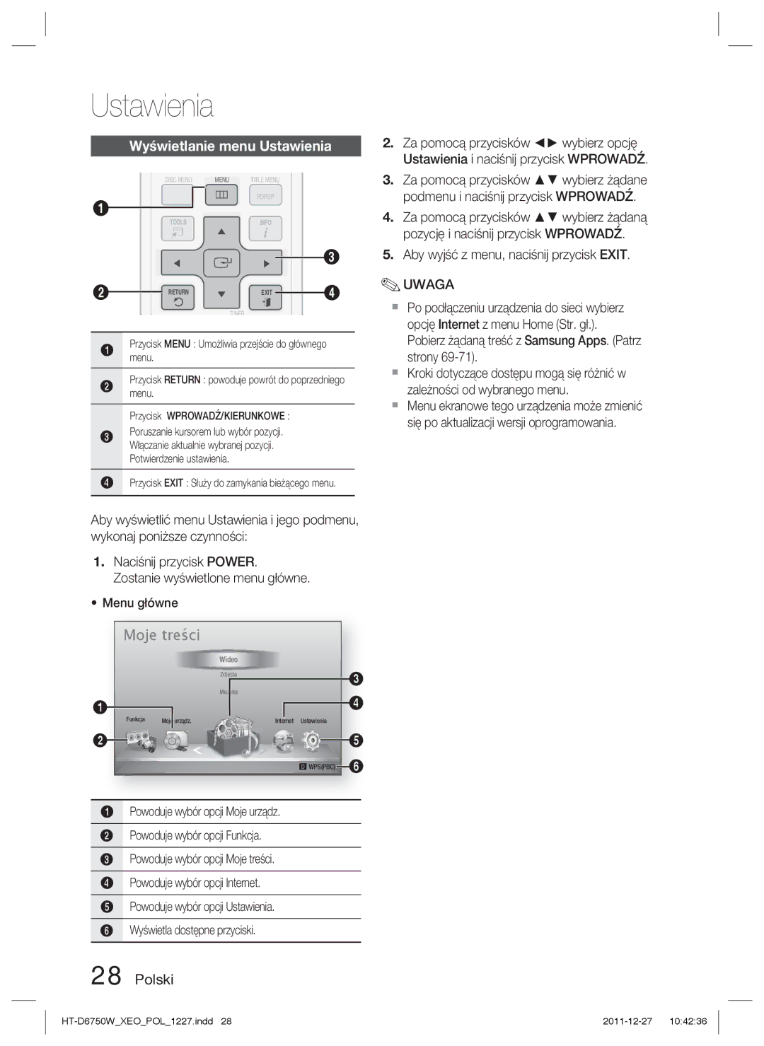 Samsung HT-D6750W/ZF, HT-D6750W/EN manual Wyświetlanie menu Ustawienia, Podmenu i naciśnij przycisk Wprowadź 