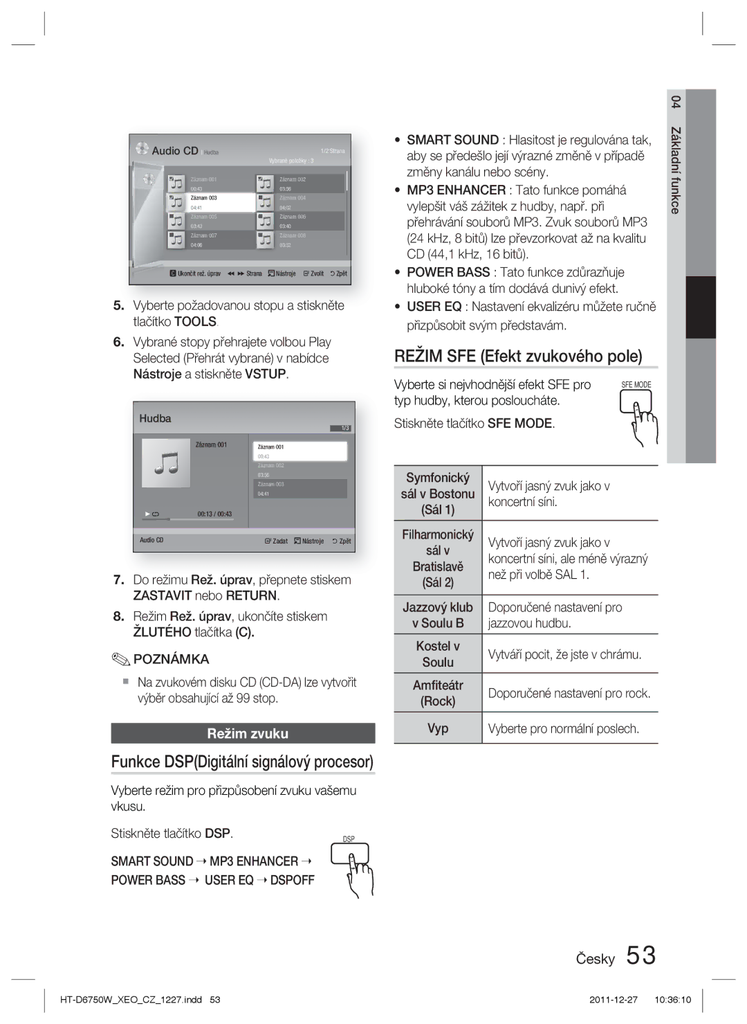 Samsung HT-D6750W/EN, HT-D6750W/ZF manual Režim SFE Efekt zvukového pole, Funkce DSPDigitální signálový procesor 