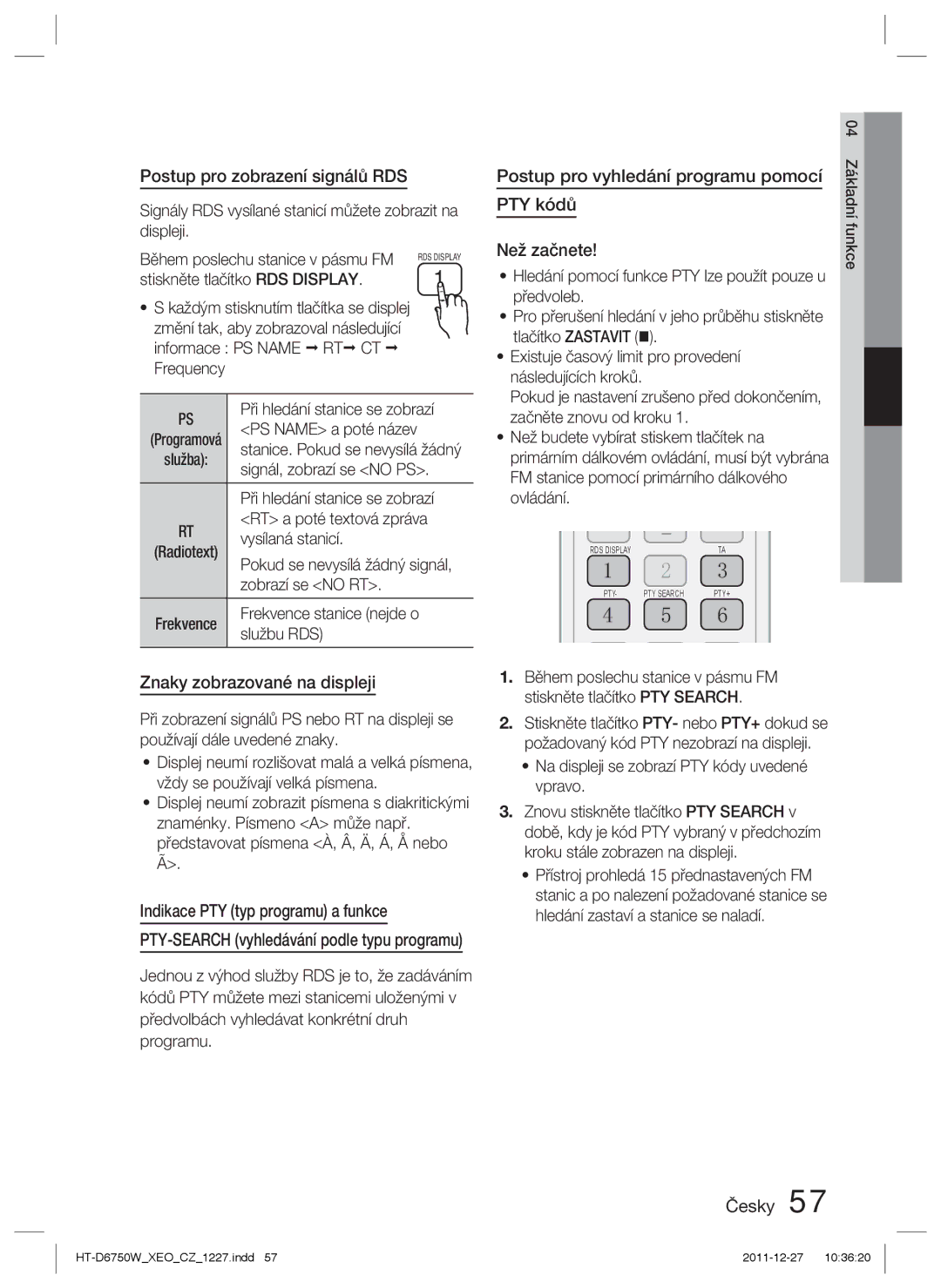 Samsung HT-D6750W/EN Postup pro zobrazení signálů RDS, Znaky zobrazované na displeji, Indikace PTY typ programu a funkce 