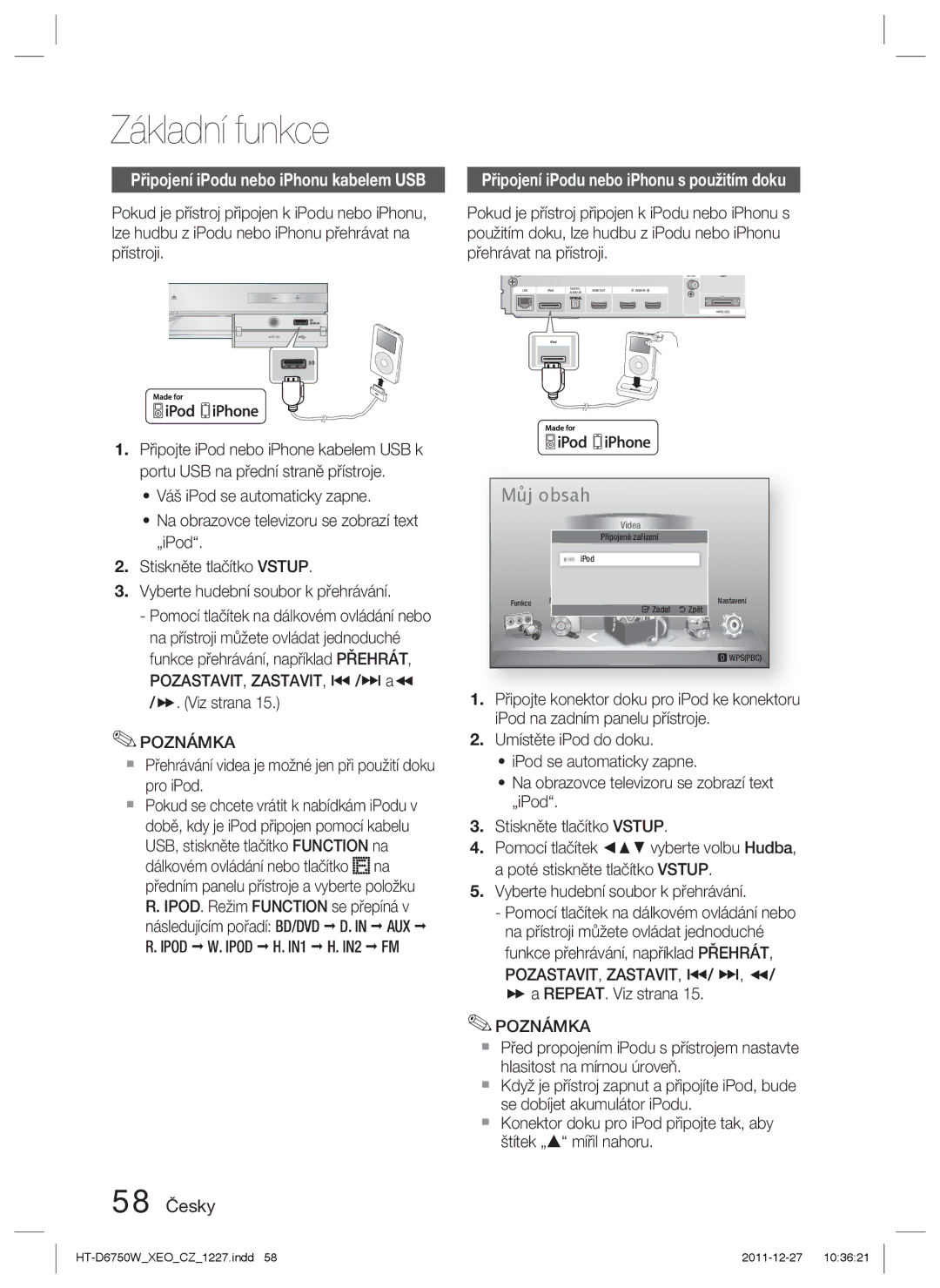 Samsung HT-D6750W/ZF, HT-D6750W/EN Připojení iPodu nebo iPhonu s použitím doku, 58 Česky, Pozastavit, Zastavit, #/ $,  