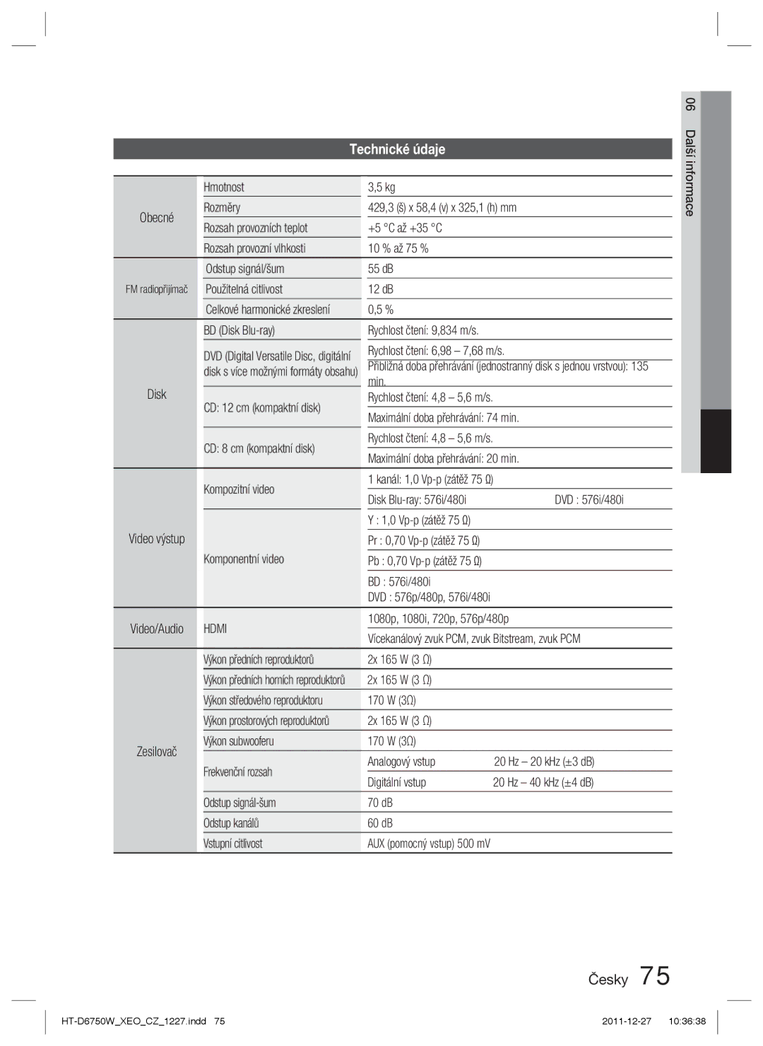 Samsung HT-D6750W/EN manual Hmotnost, Použitelná citlivost 12 dB, BD Disk Blu-ray, Rychlost čtení 6,98 7,68 m/s, Min 