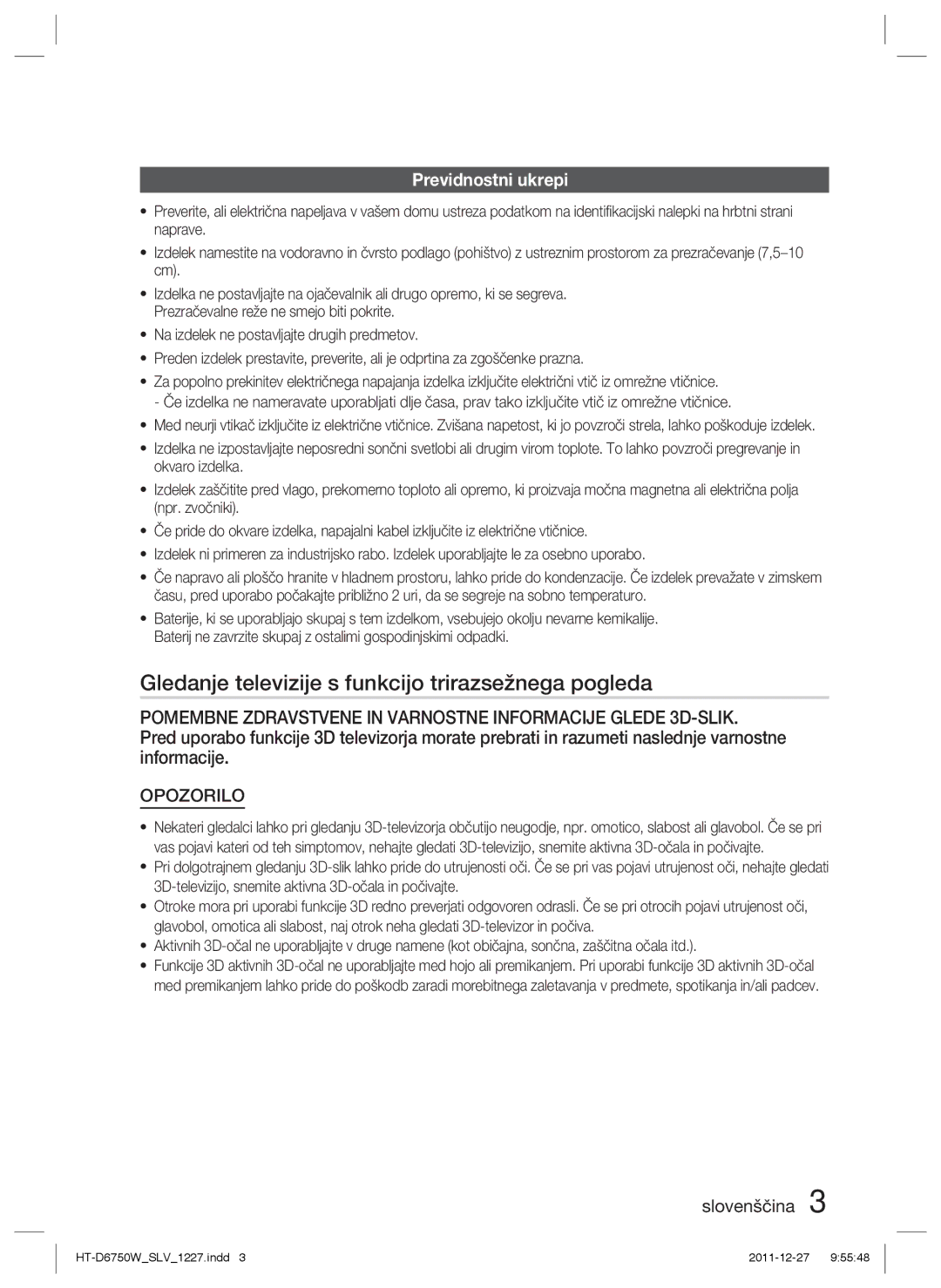 Samsung HT-D6750W/EN, HT-D6750W/ZF manual Gledanje televizije s funkcijo trirazsežnega pogleda, Previdnostni ukrepi 